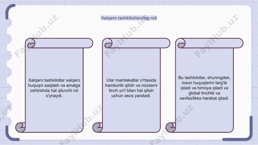 ngi tendentsiyalar paydo bo'lib, fanning kelajagini shakllantirmoqda. bu tendentsiyalar atrof-muhit huquqining ahamiyatining ortishi, kiber huquqning kuchayishi va global boshqaruvning davlat suverenitetiga ta'sirini o'z ichiga oladi. 1 2 3 e'tiboringiz uchun rahmat