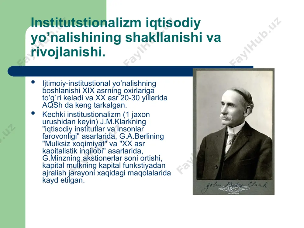 s. vayntraub. ular kapitalistik tizimning ichki turgunlik konstepstiyasini taklif qildilar. ular keyns ta’limotini dinamik, xarakatchan nazariya deb qaraydilar. "yukori naf", ishlab chiqarish omillarining eng yukori unumi nazariyalarini tankid qilish xarakterlidir. ijtimoiy institutlar roli ҳam kiritilgan. bu ta’limda o’sish va taksimot muammolari markaziy o’rinni egallaydi. ishlab chiqarish va o’sish sur’atlari milliy daromadning taksimotiga bog`liq, daromad va uning o’sishi esa, jamgarma, umumiy jamgarma esa, ish xaqi va foydadan jamgarilgan jami summaga teng bo’ladi. yangi klassik (neoklassik) yo’nalish. marjinalizm iqtisodiy ta’limotning navbatdagi boskichi yangi klassik yo’nalish bo’lib, uning shakllanishi ingliz alfred marshall nomi bilan bog`liq (yukorida berilgan), shu yo’nalish tarafdorlari ichida amerikalik j.b.klark, italiyalik v.pareto g`oyalarini kursatish mumkin. bu olimlarda ekonometrik usullar etakchidir. yukorida dastlabki ikki olim xaqida fikr bildirgan bo’lsak, bu erda vilfredo pareto(1848-1923)ning iqtisodiy g`oyalarini taxlil etamiz. uning asosiy asoslari: «siyosiy iqtisod kursi» (1898), «siyosiy iqtisod ta’limoti» (1906) va «umumiy sostialogiya bo’yicha traktat» (1916).u l.valras bilan (1982 yildan) birga lozane universitetida …