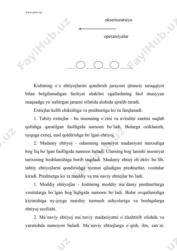 oblanadi. bo`lg`usi harakat modellari (sa`yi-harakat programmasi) va uning natijasi maqsadining programmasini miyada ushbu harakatning o`zini oldindan hosil qiladigan andozalarini fizologlar “harakat aktseptori” va oldindan aks ettirishi (p.k.anoxin) harakatlantiruvchi vazifa va bo`lg`usi ehtiyoj andozasi (n.a.bernshteyn) zaruriy mohiyatning va “kelajak andozasi” deb atadilar. rejalashtirish xatti- harakatlari nazorati va boshqaruvchi qator fiziolog, psixologlar tomonidan – p.k.anoxin, n.a.bernshteyn, e.astrotyan va boshqalar tomonidan aniqlangan xatti- harakat qismlari va ularning vazifalarini quyidagi sxemada ko`rish mumkin 2- sxema. xatti - harakat qismlari va ularning asosiy vazifalari 3. faoliyatning interiorizatsiyasi va ekteriorizatsiyasi haqida tushuncha. inson faoliyati ayrim hollarda tashqi tomondan ifodalansa (harakatlarda, yurish-turish va hokazolarda) boshqa hollarda esa u ichki harakatlarga ega bo`ladi. ana shu nuqtai nazardan sa`yi - harakatlarini ikki turkumga ajratish mumkin: a) tashqi (real, predmetli, jismoniy amaliy, motor) harakatlarga; b) ichki; v) jismoniy, ruhiy, psixik, aqliy, intellektual sa`yi - harakatlar. tashqi, real (predmetli) sa`yi - harakatlardan ichki, timsoliy, sa`yi-harakatlarga ko`chirilishi o`tish jarayonini interizatsiya (ma`nosi, ichki …