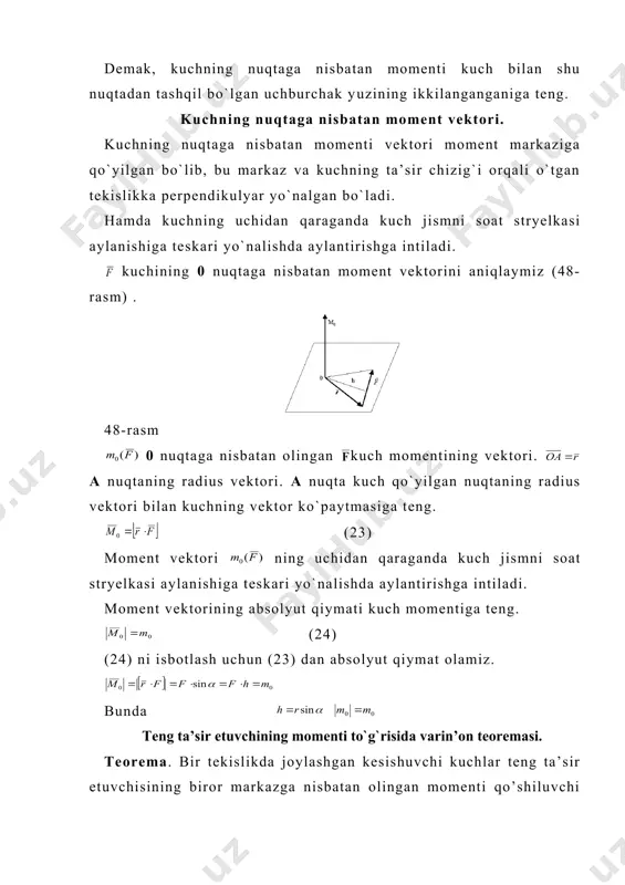 varin’on teoremasining matematik ifodasidir. juft kuchlar nazariyasi. juft kuch. juft kuch momenti. miqdorlari teng ta’sir chiziqlari bir to`g`ri chiziqda yetmaydigan parallel va qarama-qarshi yo`nalgan ikkita kuchga juft kuch yoki juft deyiladi. juft kuchni ( ) ko`rinishda belgilaymiz (50-rasm). 50-rasm ( )kuchlarga juft kuchni tashqil etuvchi kuchlar deyiladi. juft kuchni tashqil etuvchi kuchlar orasidagi eng qisqa masofaga juft kuchning yelkasi deyiladi. bunda d-yelka juft kuchning teng ta’sir etuvchisi 0 ga teng juft kuchni bitta kuch bilan almashtirish mumkin emas. juft kuchni tashqil etuvchi kuchlarning biri bilan juft kuch yelkasining ko`paytmasiga juft kuchning momenti deyiladi. juft kuchni momentini m,m bilan belgilanadi. (31) (31)-formula juft kuchni momentini ifodalaydi. juft kuchning momenti musbat va manfiy bo`ladi. juft jismni soat strelkasi aylanishiga teskari tomonga aylantirsa uning momenti musbat, soat strelkasi aylanishi bo`yicha aylantirsa manfiy ishora bilan olinadi (51-rasm a,b). 51-rasm juft kuch qo`yilgan jism aylanma harakatda bo`ladi. juft kuchni jismga ko`rsatadigan ta’siri juft kuchni momentiga …