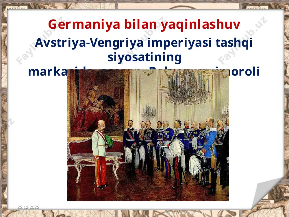 - yilda bolgariya serbiya va gretsiyaga hujum qildi. shu tariqa, ikkinchi bolqon urushi boshlanib ketdi. 13.11.2019 11 ikkinchi bolqon urushida bolgariya yengildi va qo‘lga kiritilgan hududlarining bir qismini yo‘qotdi. 13.11.2019 12 avstriya-vengriya urushga tayyorgarlik ko‘ra boshladi. 13.11.2019 13 mamlakatda qisman safarbarlik ham o‘tkazildi. 1914-yilda esa parlament tarqatib yuborildi. 1914-yil 28-iyulda avstriya-vengriya taxti vorisi frans-ferdinandning o‘ldirilishi avstriya-vengriya hukmron tabaqalarining urushni boshlab yuborishlari uchun bahona bo‘ldi. 13.11.2019 14 frans-ferdinand savol va topshiriqlar 1. avstriya-vengriya nega germaniya bilan yaqinlashish siyosatini yuritdi? 2. avstriya-vengriya va rossiya munosabatlari qanday kechdi? 3. bolqon urushi haqida nimalarni bilib oldingiz? 13.11.2019 15 image2.jpeg image3.jpeg image4.jpeg image5.jpeg image6.jpg image7.png image8.jpeg image9.jpeg image10.jpeg image11.jpeg image12.jpeg image13.jpeg image14.jpeg image15.jpeg image16.jpeg image17.jpeg image18.jpeg image1.jpeg