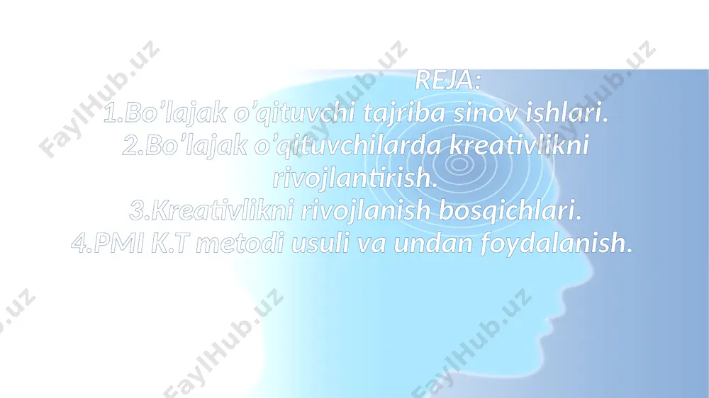 ajmuasidan 3 xil turdagi fikrlarni saralab oladi. biror bir mavzu yuzasidagi fikr mulohazalar yuritilgan bo’lsin, talabalar o’rtasida bu mavzuga oid ijobiy, salbiy va qiziqish uyg’otgan fikrlarni jamlaymiz. buning natijasida mavzu yuzasidan bizga ijobiy salbiy va qiziqarli ma’lumotlar to’planadi. bu malumotlarning har biriga alohida ball beriladi. buning natijasida mavzu yuzasidan bizga ijobiy salbiy va qiziqarli ma’lumotlar to’planadi. bu malumotlarning har biriga alohida ball beriladi. ijobiy fikrlar uchun: +1 salbiy fikrlar uchun:-1 qiziqarli fikrlar uchun:+1 bo’lajak o’qituvchilarda kreativlik 15.11.2021 plus -o’qituvchining kreativligi dars jarayoniga o’quvchini qiziqishlarini oshirishga yordam beradi -dars jarayoning o’quvchiga tushunarli bo’lishini ta’minlaydi. minus -o’qituvchining kreativligi doimo foydali bo’lavermaydi. ya’ni aniq fanlar matematika , fizika, kimyo kabi fanlarda aniq javoblarga , aniq faktlarga asoslangan fanlarda kreativlik oxsaydi. -o’qituvchining kreativligi o’quvchini ko’p hallarda dangasa qilib qo’yadi. interesting -o’qituvchining kreativligi xayotga , fanga , ilmga yangicha ko’z bilan qarashga undaydi. -o’qituvchining kreativligi yangi metod , yangicha yondashuv bilan dars o’tilganligi tufayli bu …