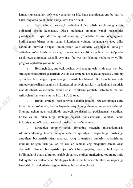 i ko’zda tutadi. · bunda strategik boshqaruvda bajarish jarayoni rejalashtirishga aktiv teskari ta’sir ko’rsatadi, bu esa bajarish bosqichining ahamiyatini yanada oshiradi. shuning uchun agar tashkilotda strategik rejalashtirish podsistemasi yaratilgan bo’lsa va shu bilan birga strategik bajarish podsistemasini yaratish uchun imkoniyatlar bo’lmasa, u strategik boshqaruvga o’ta olmaydi. · strategiya umumiy tarzda firmaning mavqeini mustahkamlash, iste’molchilarning talablarini qondirish va qo’yilgan maqsadlarga erishishga qaratilgan boshqarish rejasi sanaladi. aniq strategiyani tanlash rivojlanishning mumkin bo’lgan turli yo’llari va usullari ichidan eng maqbulini tanlab olish demakdir. firmani boshqarish rejasi o’z ichiga quyidagi asosiy funktsiya va bo’linmalarni oladi: ta’minot, ishlab chiqarish, moliya, marketing, xodimlar, ilmiy tadqiqotlar va ishlanmalar. strategiya tanlash bu biznes echimlari va raqobatga bardoshlilik harakatlarini yagona tizimga bolashni anglatadi. · strategiyani ishlab chiqish menejerlarning asosiy funktsiyalaridan biridir. ba’zi menejerlar kuchli strategiya ishlab chiqadilar, biroq uni hayotga tadbiq eta olmaydilar. boshqa menejerlar o’rtacha strategiya ishlab chiqadilar va uni mohirona amalga oshiradilar ham. strategiya qanchalik yaxshi o’ylangan …