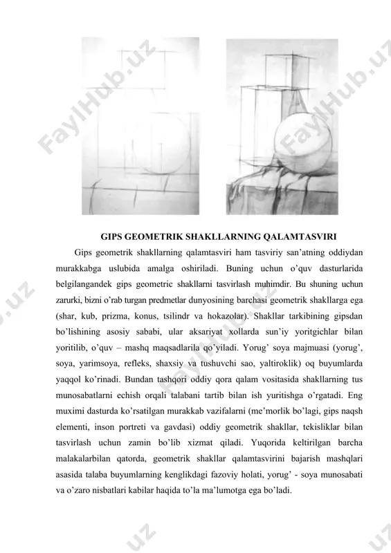 damchi chiziqlar o’tkazib ish yuritish metodi, perspektiva qonunlariga asoslanish kabilarni ko’rishimiz mumkin. geometrik shakllarni tasvirlashda ularni oddiydan boshlash kerak…so’ngra sekin-asta murakkabroqlariga o’tiladi. o’tilgan mavzularga qiyoslab talaba uyda mustaqil ko’plab xomaki rasm va qalamchizgilar bajarishi muhim ahamiyatga ega. chunki auditoriyada bajarilgan har bir vazifa asosida parallel ravishda uyda ishlangan mashqlar talabaning o’qituvchi rahbarligida kompozitsiya olgan fazoviy tasavvur, chiziqli konstruktiv tuzilish, yorug’-soya munosabatlari, perspektiva qonuni, nisbatlarni to’g’ri belgilash va ayniqsa, tasvirlash malakalarini rivojlantiradi. buning uchun uydagi turli shakllarga ega bo’lgan quti, kursi, yashik, bidon, ko’za, choynak, piyola, stakan va boshqa ko’plab uy jihoz va buyumlari kifoya. grafit qalamlarning tuslardagi farqini ko’rsatuvchi rasm. qalamlarning o’ttiz xil qattiq-yumshoqlik ko’rinishlari mavjud range of graphite pencils, showing the differing intensities of their leads. a professional range of pencils can include thirteen different values, as shown in this spectrum. adabiyotlar: 1. baymetov b. “qalamtasvir”. darslik 1-qism. - toshkent, 2006. 2. мuratov х.х. “qalamtasvir”, тоshkent, ijod-print, 2020. 3. …