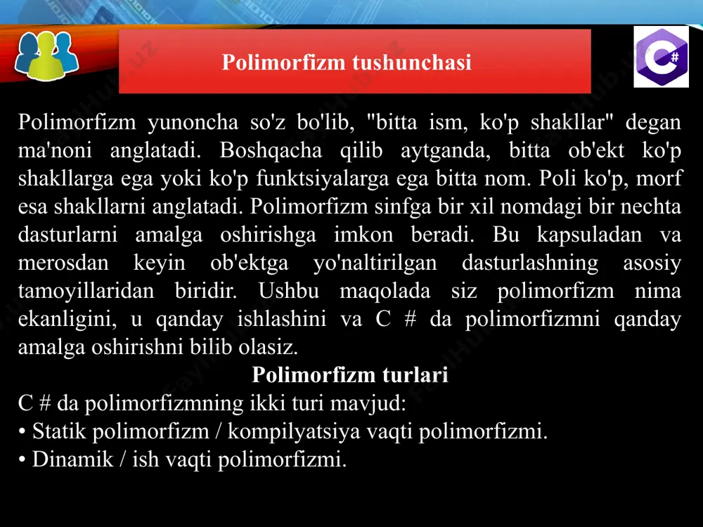 chiqarish: {0}" , f); } void print(string s) { console.writeline("string tipidagi o'zgaruvchini chiqarish: {0}", s); } 12 misol static void main(string[] args) { printdata p = new printdata(); // call print to print integer p.print(5); // call print to print float p.print(500.263); // call print to print string p.print("salom c# o'rganuvchilar: "); console.readkey(); } } } 13 misol using system; using system.threading; namespace polymorphismapplication { abstract class shape { public abstract int yuza(); } class rectangle: shape { private int length; private int width; public rectangle( int a = 0, int b = 0) { length = a; width = b; } public override int yuza () { console.writeline("to'g'ri to'rtburchak yuzasi :"); return (width * length); } } 14 misol class rectangletester { static void main() { rectangle r = new rectangle(10, 7); double a = r.yuza(); console.writeline("yuza: {0}",a); console.readkey(); thread.sleep(9800); } } } 15 misol using system; namespace polymorphismapplication …