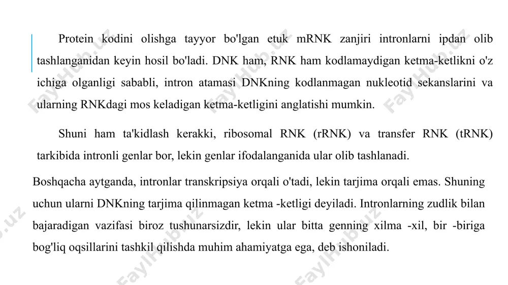 atsiyasi natijasida 50 dan ortiq kasalliklar kelib chiqishiga sabab bo‘ladi.psevdogenlar – struktur genlarning funksiya bajarmaydigan analogi hisoblanadi. oqsillarni kodlash qobiliyatini yo‘qotgan xujayrada ekspressiya bo‘lmaydi. psevdogen oddiy funksional genlardan kelib chiqqan, mutatsiya natijasida ekspressiya qobiliyatini yo‘qotgan (stop kodonlarning paydo bo‘lishi, o‘qish doirasining siljishi va shu kabilar). plazmidlar. plazmidlar hujayraning asosiy xromosomasidan bir nechayuz barobar kichik dnk qo‘sh zanjirli halqasidan iborat. plazmidlaro‘rtacha 3–10 dona genlardan tuzilgan va ikki toifaga bo‘linadi. bularningbirinchisi transmissibl plasmid bo‘lib, u transpozon yoki bakteriofag irsiymolekulasi kabi hujayra asosiy xromosomasining maxsus dnk izchilliginikesib, rekombinatsiya bo‘la oladi. transmissibl plazmid asosiy xromosomagabirikkandan keyin o‘z mustaqilligini yo‘qotadi. asosiy xromosomadanmustaqil ravishda o‘z-o‘zini replikatsiya qila olmaydi. ayni paytda bundayplazmidlarda joylashgan genlar asosiy xromosomada o‘z faoliyatini bajaradi.hujayra bo‘linganda rekombinatsiyalanuvchi plazmidning genlari asosiyxromosoma genlari bilan birikkan holda nasldan naslga beriladi. ikkinchi toifaplazmidlar avtonom holda replikatsiyalanuvchi plazmidlar deb ataladi. plazmid - turli xil, bir ega bo'lgan qurilish. plazmid boshqa yirik shakli bir necha yuz ming bazasi juft …