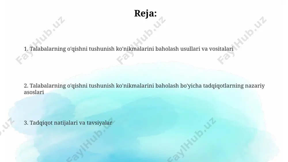 miqdoriy baholash mumkin, bu esa o'qish darajasini aniqlashga yordam beradi. o'qishni tushunish ko'nikmalarini rivojlantirish strategiyasi metakognitsion strategiya – o'qish jarayonini nazorat qilish, 20% ga yaqin o'quvchilarning tushunish darajasini oshiradi. o'quvchilarning 5-7 yoshdagi guruhlarida o'qishni tushunishni baholashda, matnning murakkabligi va so'z boyligini hisobga olish muhim ahamiyatga ega. o'qishni tushunishni rivojlantirishda interfaol o'yinlar va onlayn resurslardan foydalanish, o'quv jarayonini 30% ga samaraliroq qiladi. sinovlar va testlar sifatli baholash uchun turli xil sinov turlari, jumladan, ochiq savollar, to'ldirish testlari va ko'p tanlovli testlar qo'llanilishi, o'quvchilarning turli ko'nikmalarini aniqlashga yordam beradi. o'quvchilarning o'qishni tushunish ko'nikmalarini baholashda standartlashtirilgan testlar, masalan, 50 ta savoldan iborat testlar, keng qo'llaniladi va natijalar miqdoriy ko'rsatkichlar bilan ifodalanadi. o'qishni tushunishni baholashda 80% dan yuqori ball to'plagan o'quvchilar yuqori darajada, 60-79% o'rtacha, 60% dan past ball to'plaganlar esa past darajada ekanligini ko'rsatuvchi ballar oralig'idan foydalanish mumkin. portfel baholash portfolio baholashning samaradorligini oshirish uchun 5 ballik shkaladan foydalanish va har bir ko'rsatkich …