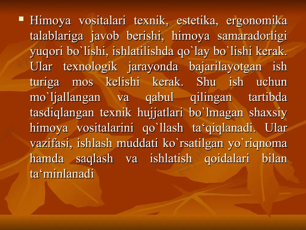 a’minlash va ulardan foydalanish yuzasidan korxona ma’muriyatiga qanday vazifalar yuklatiladi. nafas olish organlarini himoyalovchi vositalarga nimalar kiradi? yuzni va ko‘zni himoyalovchi vositalarni, niqoblarni qanday turlari mavjud? adabiyotlar: 1.g’.yo.yormatov. hayotiy faoliyat xavfsizligi. toshkent, “mehnat” 2009. 2. o. qudratov, t. g’aniyev. hayotiy faoliyat xavfsizligi. toshkent, “mehnat” 2004. 3. o. qudratov, t. g’aniyev. mehnat muhofazasi. toshkent “o’zinkomtsentr” 2002. 4. x.rahimova, a.a‘zamov, t.tursunov. mehnatni muhofaza qilish. toshkent, “o’zbekiston” 2003. 5. jamilov m, parmonov a. “inson faoliyati xavfsizligi”. toshkent. tpdu. 2000. e’tiboringiz uchun rahmat!!!