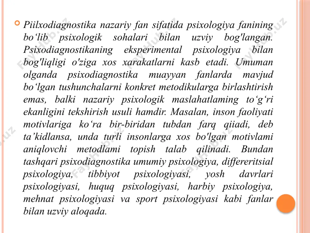 di, agar bu shaxsning o‘z roziligi bilan bo‘lmasa. maxfiylik, ayniqsa, tibbiyot, ta’lim yoki oilaviy masalalarda muhim. shaxs manfaatlarini himoya qilish psixologik diagnostika jarayonida shaxsning ruhiy va jismoniy holatiga zarar yetkazilmasligi kerak. diagnostika natijalari shaxsni kamsitishga yoki uning ijtimoiy obro‘siga salbiy ta'sir ko‘rsatmasligi lozim. psixolog har qanday sharoitda inson manfaatlarini birinchi o‘ringa qo‘yadi. rozilik va ixtiyoriylik diagnostika jarayonida qatnashish shaxsning ixtiyori bilan amalga oshiriladi. diagnostika boshida psixolog shaxsga (yoki uning vakiliga) jarayonning maqsadi, usullari va natijalari haqida to‘liq ma'lumot beradi. hech kim majburlanib diagnostika jarayonida ishtirok etishi mumkin emas. ob’ektivlik va adolatlilik diagnostika jarayonida psixolog shaxsiy fikr va hissiyotlardan xoli bo‘lishi kerak. xulosalar ilmiy dalillarga va diagnostika natijalariga asoslanadi, shaxsning jinsi, millati, diniy e’tiqodi yoki ijtimoiy mavqeiga ta'sir qilmaydi. maqsadga muvofiqlik diagnostika faqat aniq belgilangan maqsad va vazifa doirasida amalga oshiriladi. maqsadga bog‘liq bo‘lmagan ma'lumotlarni yig‘ish yoki ulardan foydalanish noetik hisoblanadi. ilmiy asos va malakali yondashuv diagnostikada faqat ilmiy jihatdan tasdiqlangan …