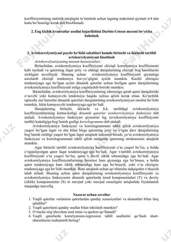 i avtokorrelyatsiyani hisoblash avtokorrelyatsiyaning muxum hususiyatlari: birinchidan, avtokorrelyatsiya koeffitsiyenti chiziqli korrelyatsiya koeffitsinenti kabi tuziladi va qatorning faqat joriy va oldingi darajalarining chiziqli bog‘lanishlarini zichligini tavsiflaydi. shuning uchun avtokorrelyatsiya koeffitsiyenti qiymatiga asoslanib chiziqli tendensiya bor-yо‘qligini aytish mumkin. kuchli chiziqsiz tendensiyaga ega bо‘lgan ayrim dinamik qatorlar uchun berilgan qator darajalarining avtokorrelyatsiya koeffitsiyenti nolga yaqinlashib borishi mumkin. ikkinchidan, avtokorrelyatsiya koeffitsiyentining ishorasiga qarab qator darajalarida о‘suvchi yoki kamayuvchi tendensiya haqida xulosa qilish kerak emas. kо‘pchilik iqtisodiy ma’lumotlar dinamik qatorlari darajalarining avtokorrelyatsiyasi musbat bо‘lishi mumkin, lekin kamayuvchi tendensiyaga ega bо‘ladi. darajalarning birinchi, ikkinchi va h.k. tartibdagi avtokorrelyatsiya koeffitsiyentlarining ketma-ketligi dinamik qatorlar avtokorrelyatsiya funksiyasi deb ataladi. avtokorrelyatsiya funksiyasi qiymatini lag (avtokorrelyatsiya koeffitsiyenti tartibi) kattaligiga bog‘lanish grafigi korrelogramma deb ataladi. avtokorrelyatsiya funksiyasi va korrelogrammani tahlil qilish avtokorrelyatsiya yuqori bо‘lgan lagni va shu bilan birga qatorning joriy va о‘tgan davr darajalarining bog‘lanish zichligi yuqori bо‘lgan lagni aniqlash imkonini beradi, ya’ni avtokorrelyatsiya funksiyasi va korrelogrammani tahlil qilish natijasida qatorning …