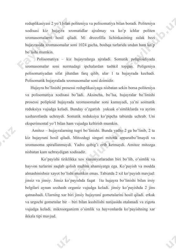 eyoz – grekcha «meyozis» so’zidan olingan bo’lib, kamayish demakdir. bu yadro bo’linishini murakkab prosessi bo’lib, xromasomalar diplroid holatidan gaploid holatiga utadi. organizm rivojlvnishining ontogenezini kaysi boskichida bo’lishiga karab, 3 tipga bo’linadi. zigotali meyoz, gametali va sporali meyoz tiplari. zigota tipi - gametalar otalanishidan zigotalar hosil bo’ladi. bu tip askomisetlar, bazidiomisetlar, ayrim suv utlari, sporalilar va baliklar uchun xarakterli. m: spirogiraning tallomi gaploid (p) xromasoma soniga ega. shuning uchun (2p) qonyugasiya hosil qiladi. gametali meyozda ko’p hujayrali hayvonlarda sodda hayvonlarda, tuban o’simliklar ichida uchraydi. sperma hosil qiluvchi hujayralar meyoz bo’linib, gameta hosil qiladi. diploid faza ustunlik qiladi. faqat jinsiy prosess tufayli ko’payadi. sporali (oralik) tip meyoz yuksak o’simliklarda uchraydi. bu stasiya spora hosil qilish davrida tugaydi. zigotada 2 hujayrani genetik xususiyatlari mujassamlashgan bo’ladi. mitoz va meyoz bo’linish bir – biridan ancha farqlanadi. dnkning 99.7% i meyoz boshlanmay turib sintez bo’lsa, uning qolgan q`ismi profazada sintez bo’ladi. meyoz siklida gistonli oqsillar sintezlanish …