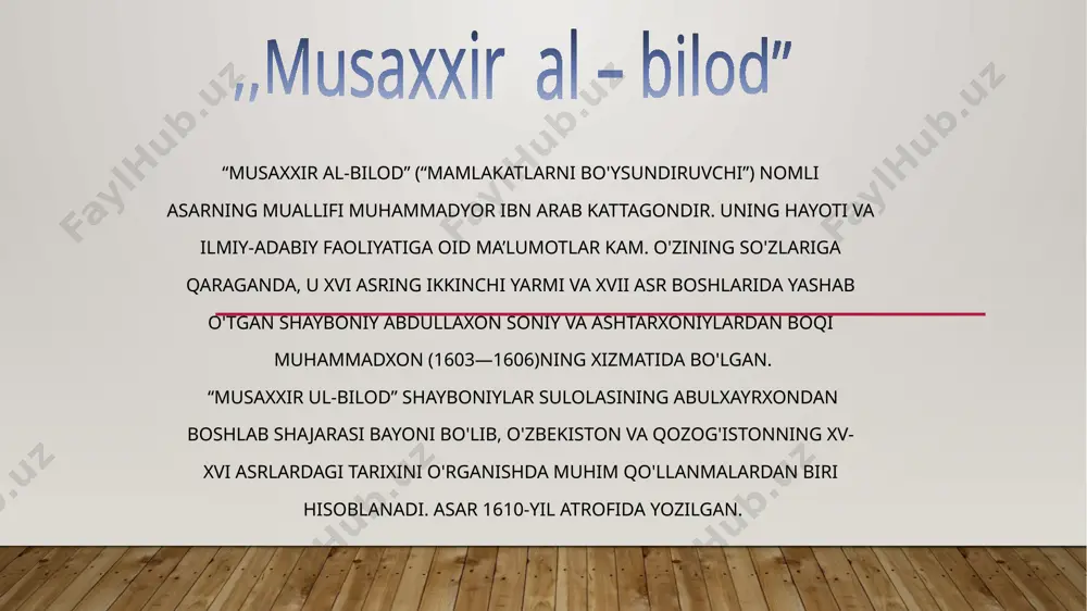 . “tarixi amir haydar” kichik hajmdagi asar, jami 96 varaqdan iborat, muhim tarixiy manbalar asosida yozilgan, buxoro xonligining ashtarxoniylar, shuningdek, asosan, mang'itlar sulolasidan bomgan amir haydar hukmronligi (1800—1826-yy.) davridagi ijtimoiy-siyosiy tarixini o'z ichiga oladi. ,,tarixi amir haydar” asar 81 bob, yoki dostondan iborat. 1—2-boblari buxoro shahri tarixiga bag'ishlangan, 3—6-boblarda ashtarxoniylar tarixi qisqacha bayon etilgan, 7—81 -boblarida esa buxoro amirligi amirzoda haydarning tug'ilishidan to uning 1826-yil 6-oktabridagi vafotigacha bomgan tarixi hikoya qilinadi. kitob 50-yillarda a.a.semenov tomonidan rus tiliga taijima qilingan, lekin nima sababdandir qomyozma nashr etilmay qolgan. tarjima qo'lyozmasi o'zr fa shi kutubxonasida saqlanmoqda. ushbu asarning muallifi mir olimbuxoriy bo‘lib, kitobini amir nasrulloh davri (1826/27— 1869/79)da g ‘uzor hokimi bo'lgan muhammad olimbekning xizmatida bo'lgan paytida va uning topshirig'i bilan yozgan. “fathnomayi sultoniy” amir shohmurod (1785/86—1800) davridan to nasrulloh hukmronligining dastlabki yillarigacha buxoro amirligida bo'lib o'tgan voqealami o'z ichiga oladi, lekin shohmurod va amir haydar davrlari qisqacha (o'zr fa shi qo'lyozmasi, inv. …
