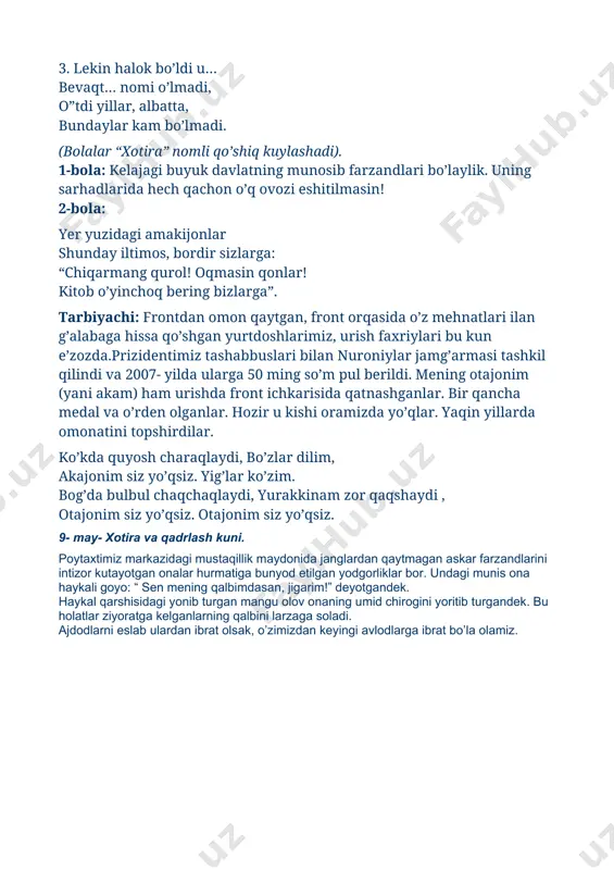 r kutayotgan onalar hurmatiga bunyod etilgan yodgorliklar bor. undagi munis ona haykali goyo: “ sen mening qalbimdasan, jigarim!” deyotgandek. haykal qarshisidagi yonib turgan mangu olov onaning umid chirogini yoritib turgandek. bu holatlar ziyoratga kelganlarning qalbini larzaga soladi. ajdodlarni eslab ulardan ibrat olsak, o’zimizdan keyingi avlodlarga ibrat bo’la olamiz.