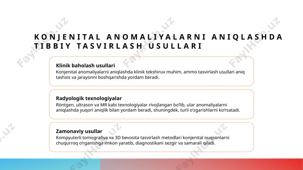 rini tashxis qilishda zamonaviy texnologiyalar, jumladan, ct va mri, diagnostika va davolash jarayonini sezgir va samarali qiladi. foydalanilgan adabiyotlar 1. ismoilov a., sharipov o. rentgen anatomicasi va rivojlanish nuqsonlari. o'zbekiston tibbiyot akademiyasi nashriyoti, 2018. 2. qodirov s., yusupov b. odam hazm tizimining anatomic shakllari va anomaliyalarining tibbiy muhimligi. tibbiyot va biotibbiyot jurnali, 2020. 3. toshkent davlat tibbiyot universiteti. hazm a’zolarining rentgenanatomiyasi va rivojlanish nuqsonlari. ta’lim materiali, 2019. 4. abdullayev t., mamatov s. konjenital nuqsonlar va ularning diagnostikasi usullari. o'zbekiston klinik tibbiyot, 2021. 5. kamalov r. hazm a’zolarining rentgen anatomiyasi bo'yicha o'quv qo'llanma. toshkent: o'zbekiston milliy universiteti nashriyoti, 2017. e'tiboringiz uchun rahmat!