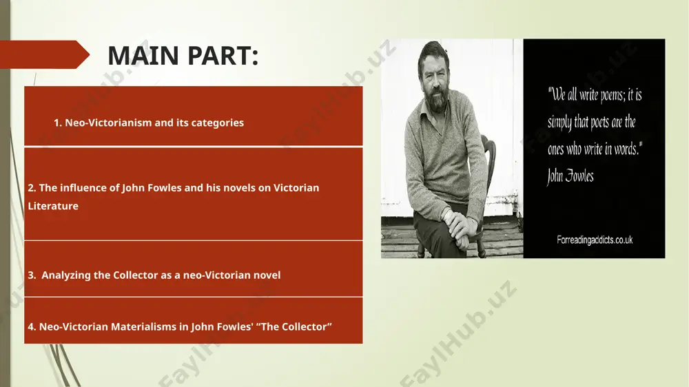 , is not taken into account in the critical evaluations of neo-victorian studies. this is mostly because the collector is not a victorian book rewritten nor does it take place in the nineteenth century. however, a close reading of the book reveals how fowles directly exposes the persistence of the victorian fixation with materialism in this specific work of fiction. in other words, despite the novel's contemporary setting and the literary community's recognition of it as feminist fiction, clegg, the protagonist, is motivated to collect butterflies and women because of his obsession with material things, which is reminiscent of victorian cultural materialization. critics generally feel that fowles explores gender issues in this specific work, drawing a comparison between these two collections. with regard to both the dead butterfly collection and the commercialization of the female body as the material object, it will be claimed in this course study that fowles …