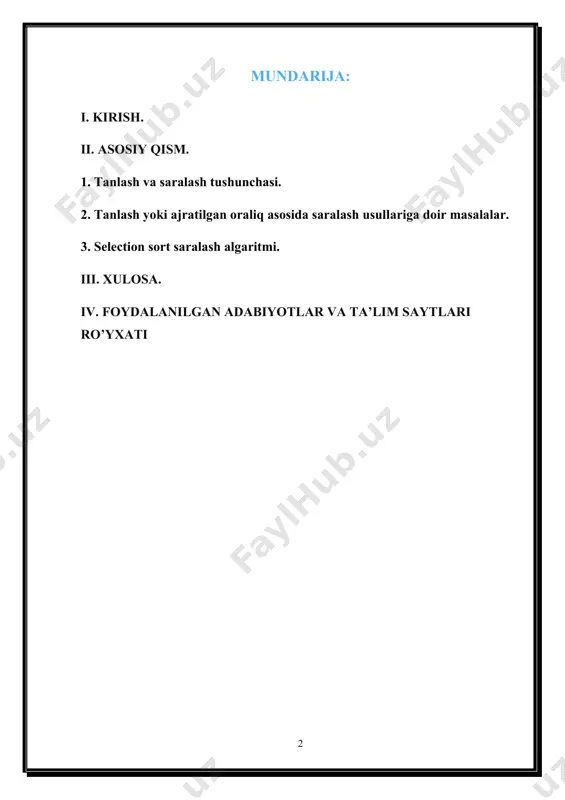 itlarining fundamental asosi c++ tiliga borib taqaladi. vaqt o‘tishi bilan dasturchilar oldiga quyilgan masalalar o‘zgarib boryapti. bundan yigirma yil oldin dasturlar katta hajmdagi ma’lumotlarni qayta ishlash uchun tuzilar edi. bunda dasturni yozuvchi ham, uning foydalanuvchisi ham kompyuter sohasidagi bilimlar bo‘yicha professional bo‘lishi talab etilardi. hozirda esa ko‘pgina o‘zgarishlar ro‘y berdi. kompyuter bilan ko‘proq uning apparat va dasturiy ta’minoti, haqida tushunchalarga ega bo‘lmagan kishilar ishlashyapti. kompyuter odamlar tomonidan uni, chuqur o‘rganish vositasi emas, ko‘proq o‘zlarining oldilariga qo‘yilgan, o‘zlarining ishlariga tegishli bo‘lgan muammolarini echish instrumenti bo‘lib qoldi. foydalanuvchilarning ushbu yangi avlodini dasturlar bilan ishlashlarini osonlashtirilishi bilan bu dasturlarning o‘zini murakkabligi darajasi oshadi. zamonaviy dasturlar - foydalanuvchi bilan do‘stona munosabatni yuqori darajada tashkil qiladigan ko‘p sondagi oynalar, menyu, muloqot oynalari va vizual grafikaviy muhitlardan tarkib topgan interfeysga ega bo‘lishi lozim. asosiy qisim 1. tanlash va saralash tushunchasi saralash deb , berilgan obyektlar ketma – ketligini ma’lum mantiqiy tartibda qayta joylashtirish jarayoniga aytiladi. saralash …
