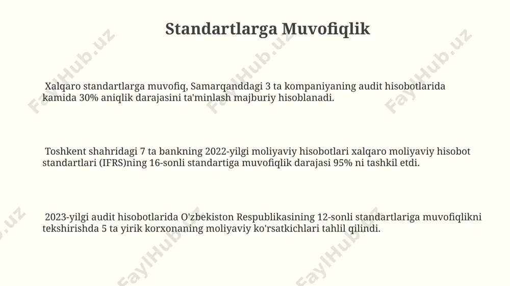 igi uchun samarqanddagi audit kompaniyasiga yuklatiladi. hisobotni tuzuvchilar, ya'ni moliyaviy bo'limning 5 nafar xodimi, ma'lumotlarning to'liqligi va aniqligi uchun javobgar bo'lib, hisobotni tayyorlash jarayonida 100 dan ortiq hujjatlarni tahlil qilishdi. hisobot tarkibi, 2023 yilgi moliyaviy yil uchun toshkent shahridagi kompaniyaning operatsion faoliyati, daromadlari va xarajatlari bo'yicha batafsil ma'lumotlarni, shuningdek, 15 dan ortiq ko'rsatkichlarni o'z ichiga olishi kerak. xatoliklar va kamchiliklarni aniqlash andijon shahridagi "gamma" mchj hisobotlarida 7 ta turdagi operatsiyalarda ichki nazoratning zaifligi aniqlanib, bu esa potentsial firibgarlik xavfini oshirdi. samarqand viloyatida joylashgan "beta" korxonasining inventarizatsiya natijalari 5000 dan ortiq birlikdagi aktivlarning noto'g'ri baholanishini va 10% ga yaqin etishmovchilikni ko'rsatdi. 2022-yil audit tekshiruvi davomida toshkent shahridagi "alfa" kompaniyasida 3 ta moliyaviy hisobotdagi jiddiy xatoliklar aniqlandi, bu esa foyda daromadlarini 15% ga oshirib ko'rsatishga olib keldi. mustaqillik va xolislik "mustaqillik va xolislik" tamoyiliga rioya qilish auditorlik hisobotlarining ishonchlilik darajasini 95% ga oshiradi va 2023 yilgi xalqaro standartlarga mos keladi. mustaqillik va …