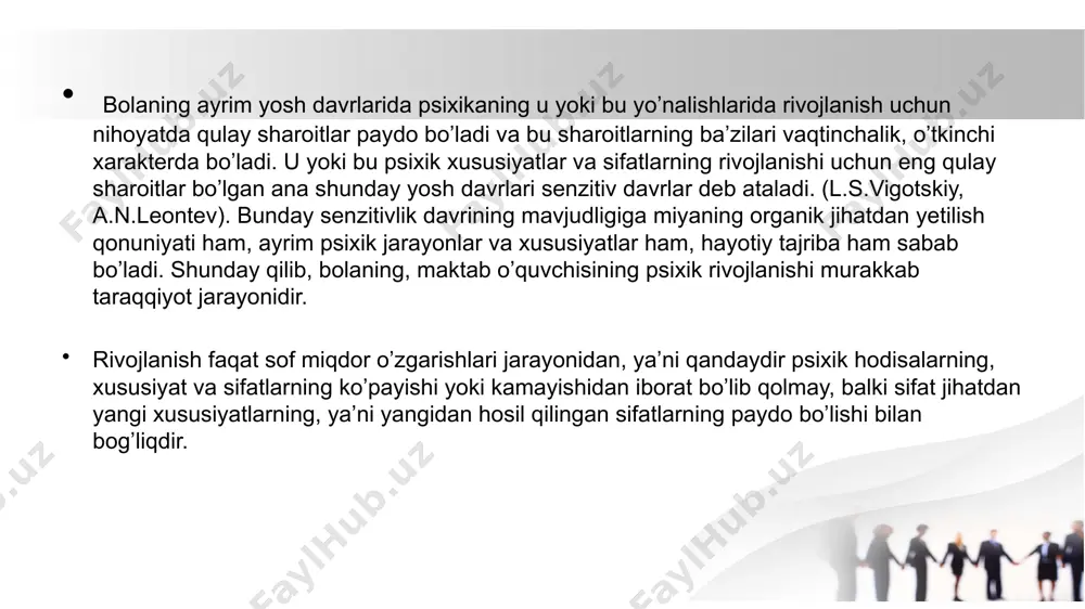 uman ls.vigotskiyning yosh davrlarini tabaqalash nazariyasi ilmiy-tarixiy ahamiyatga ega, uning rivojlanishni amalga oshiruvchi inqirozlar to’g’risidagi mulohazali va olga surgan goyalari hozirgi kunning talablariga mosdir. d.b.elkoninning tasnifi yetakchi faoliyat (a.n.leontev) nazariyasiga, har qaysi rivojlanish pallasida biror faoliyatning ustunlik qilishi mumkinligiga asoslanadi. yetakchi faoliyatning inson shaxs sifatida kamol topishidagi ro’li, nazariyaning asosiy mohiyatini tashkil qiladi. d.b.elkonin yosh davrlarini quyidagi bosqichlarga ajratashni lozim topadi: 1. go’daklik davri-tug’ilgandan 1 yoshgacha - yetakchi faoliyat-bevosita emotsional muloqot; 2.ilk bolalik davri-1 yoshdan 3 yoshgacha-yetakchi faoliyat-predmetlar bilan nozik harakatlar qilish; 3. maktabgacha davr - 3 yoshdan 7 yoshgacha - rolli o’yinlar; 4. kichik maktab yoshi davri - 7 yoshdan 10 yoshgacha - o’qish; 5. kichik o’smirlik davri-10 yoshdan 15yoshgacha-shaxsniyg intim (dilkash, samimiy) muloqot; 6. katta o’smirlik yoki ilk o’spirinlik davri -16 yoshdan 17 yoshgacha; -yetakchi faoliyat - o’qish, kasb tanlash davri. d.b.elkonin tasnifini ko’pchilik psixologlar tomonidan e’tirof etalsa-da, biroq uning birmuncha munozarali tomonlari mavjud. umuman d.b.elkoninning mazkur nazariyasi …