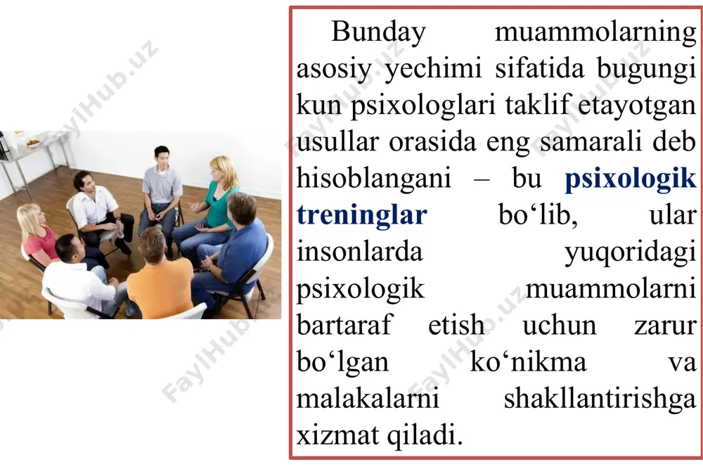 gi treninglarda ishtirokchilar o‘rtasida juda kuchli ishonch muhitining yaratilishiga va “sir saqlash normasi”ning kuchli darajada amal qilinishiga erishish lozim bo‘ladi. 3. emotsional sohadagi treninglar. ma’lumki inson ruhiyati juda nozik va unda kechadigan his-tuyg‘ular barqaror yoki beqarorligiga muvofiq o‘ta murakkabdir. shaxsning hissiy olamida sodir bo‘layotgan o‘zgarishlar albatta uning ruhiyatiga yoki ijobiy yoki salbiy ta’sir ko‘rsatishi aniq. shaxsning aynan mana shu sohasiga tegishli muammolar bilan ishlashga yo‘naltirilgan treninglar emotsional sohani barqarorlashtirishga yo‘naltirilgan treninglar sifatida yuzaga chiqadi. bunday treninglarning mijozlari kimlar bo‘ladi? ayrim odamlar o‘z hayoti davomida kuchli emotsional-ruhiy kechinmalarni boshidan kechirishiga to‘g‘ri keladi. masalan, kutilmagan halokatlarga uchrash, hayotda eng yaqin kishisini yo‘qotish kabi holatlar kishida kuchli emotsional zo‘riqishlarni keltirib chiqaradi. bunday voqea-hodisalarni boshidan kechirganlarning hammasi ham ularni unutib yubora olmaydilar. kechinmalarni unuta olmaslikdan qiynalish natijasida ularning emotsional sohasida zo‘riqishlar kelib chiqadi. ayrim kishilar nizolashib qolgan yoki hatto yoqtirmagan odamini uchratib qolsa ham, ularda noxush hislar paydo bo‘ladi va bilamizki, bunday noxush hislarga …