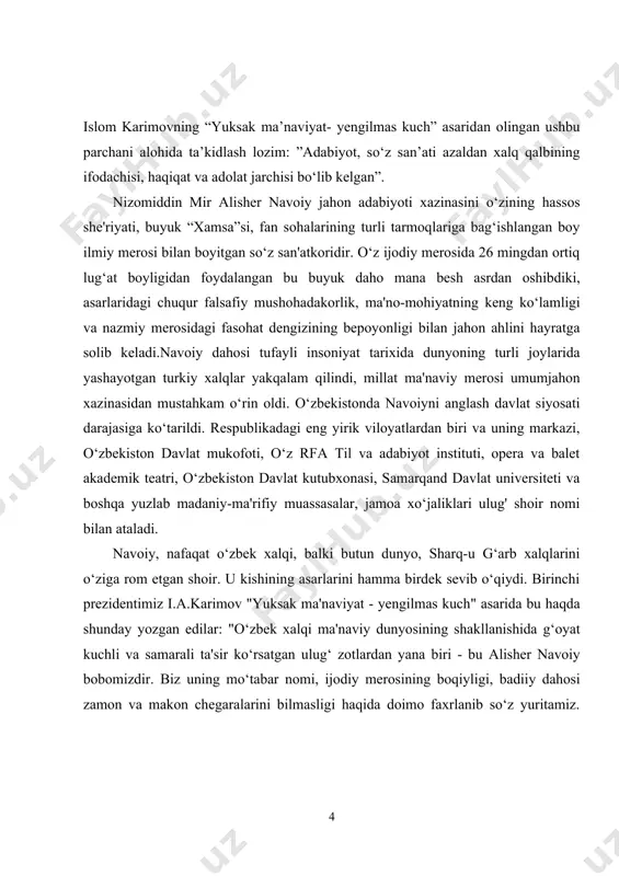 di. ikkinchi qismda tasavvufiy allomalar va ular hayoti bilan bog‘liq hikoyatlar uchraydi. uchinchi qismda pand-nasihat ruhidagi 127 ta tanbeh kiritilgan. ushbu bitiruv malakaviy ishida “mahbub ul-qulub”dagi aforizmlar, yani hikmatlarni o’rganish asosiy mavzu qilib olindi. ushbu hikmatlarni buyuk sharq mutafakkiri sa’diy sheroziyning ”guliston” asaridagi aforizmlar bilan qiyosan o‘rganish adabiyotshunoslikda maxsus tadqiq obyekti bo’lmaganligi bitiruv malakaviy ishimiz mavzuining dolzarbligini belgilaydi. mavzuning o‘rganilganlik darajasi. navoiyning “mahbub ul-qulub” asari yuzasidan ko’plab tadqiqot ishlari olib borilgan. ular katta-katta kitoblardan tortib, kichik maqolalar shaklida. bu jihatdan adabiyotshunoslar a.kononov, n.mallayev, a.rustamov, a.hayitmetov, a.habibullayev, sh.hayitov kabilarning tadqiqotlarini ko‘rsatish mumkin3. ushbu ishlarda “mahbub ul-qulub”ning matni, tilshunoslik bilan bog’liq jihatlari, janr xususiyatlari, manbalari va g’oyaviy-badiiy tahlili bilan bog‘liq ko’plab fikrlar keltirilgan bo’lsa-da, asardagi aforizmlar sa’diy ”guliston”idagi aforizmlar bilan qiyosiy jihatdan o’rganilmagan edi. kurs ishining maqsad va vazifalari. ushbu kurs ishining asosiy maqsadi navoiy "mahbub ul-qulub” va sa’diy sheroziyning “guliston” asarlaridagi aforizmlarni qiyosan o‘rganishdan iborat. ushbu maqsaddan kelib chiqib, quyidagi vazifalarni …