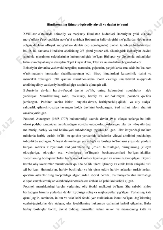 ridagi ma`lum mikdorda harbiy qushin bo`lib, bu qo`shin yordamida subadorlar viloyal aholisini podshohga tobcylikda saqlagan. viloyat devonlariga yer solig`i va boshqa to`lovlarni yigishda yordam bergan. mazkur viloyatlarda sud yukmlarining ijrosini ta`minlagan, okruglarning (viloyat okruglariga, okruglar esa volostlarga bo`lingan) boshqaruvchilari bo`lgan-laksillar, volosllarning boshqaruvchilari bo`fgan-parkanalari tayinlangan va ularni na/orat qilgan. deyarli barcha oliy lavozimlar musulmonlar qo`lida bo`lib, ularni ijtimoiy va etnik kelib chiqishi turli xil bo`lgan. hukmdorlar. harbiy boshliqlar va bir qism oddiy harbiy askarlar turkiylardan, qo`shin askarlarining ko`pchiligi afgonlardan iborat bo`lib. ma`muriyatda shia mazhabiga e`tiqod etuvchi eroniylar va ruhoniysar orasida esa arablar ko`pchilikni tashqii qilgan. podshoh mamlakatdagi barcha yerlarning oliy feodal mulkdori bo`lgan. shu sababli ishlov beriladigan hamma yerlardan davlat foydasiga soliq va majburiyatlar yig`ilgan. yerlarning kata qismi jag`ir, zamindor, in`om va vakf kabi feodal yer mulklaridan iborat bo`lgan. jag`irlarning egalari-jagirdorlar deb atalgan, ular feodallarning hukumron qatlamini lashkil qilganlar. bular harbiy boshliqlar bo`lib, davlat oldidagi xizmatlari uchun unvon va mansabining katta …