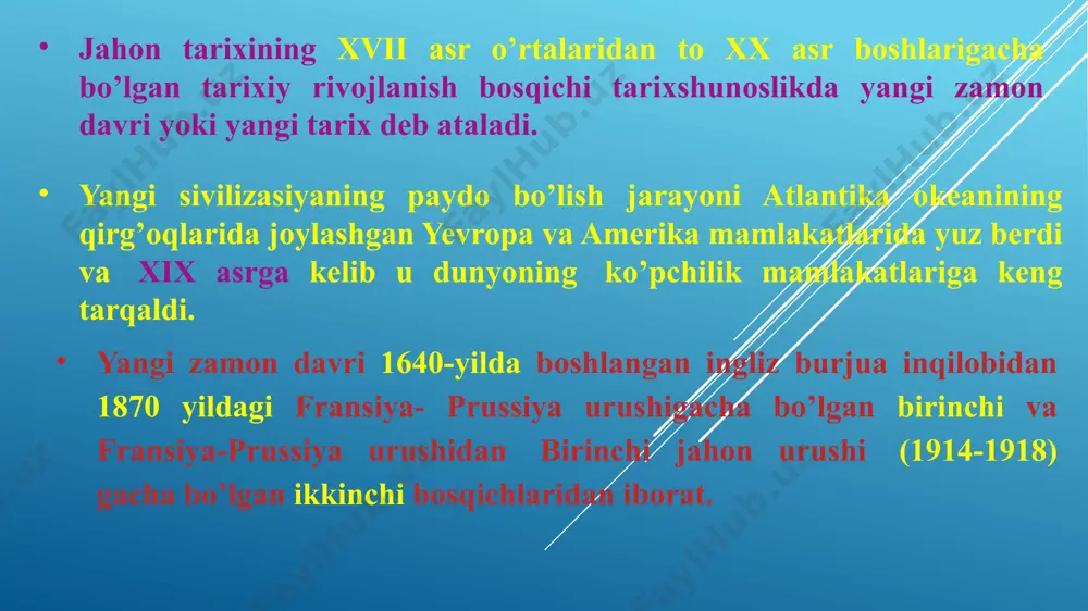 zm dastlab angliya va niderlandiyada g’alaba qildi, gabsburglar davlati va rossiya bu vaqtda qudratli absolyut davlatlarga aylandi. yevropa davlatlarining dengizda, jahon bozorida va mustamlakachilik borasida hukmronlik uchun bo’lgan raqobati natijasida ko’p sonli urushlar bo’lib o’tdi. yangi zamon davriga kelib ispaniya va portugaliya mustamlakachilikdagi hukmronliklariga gollandiya va angliya davlatlari chek qo’ydilar. xvii asr birinchi yarmida savdo va mustamlakachilik borasida tashabbus gollandiyaga tegishli bo’lgan bo’lsa, xvii asr ingliz inqilobidan so’ng u angliya qo’liga o’tdi. angliya va fransiya o’rtasida amerika, afrika va hindistondagi mustamlakalar uchun uzluksiz kurash bordi. ispaniya merosi (1702-1713) va avstriya merosi uchun (1741-1748) urushlar va yetti yillik urush (1756-1763)da angliya fransiyaning shimoliy amerika, g’arbiy-hindiston va sharqiy-hindistondagi mustamlakalarini tortib oldi. yevropa davlatlari uchun mustamlakachilik siyosati boylik orttirish manbai bo’lib xizmat qilgan bo’lsa, osiyo, afrika va amerikaning yerli aholisini u asoratga solib, qashshoqlikka mahkum etdi. g’arbiy yevropa davlatlarida yirik ishlab chiqarish sanoatiga asos solinishi mazkur davlatlarning xom ashyo zahiralari, yangi bozorlar uchun …