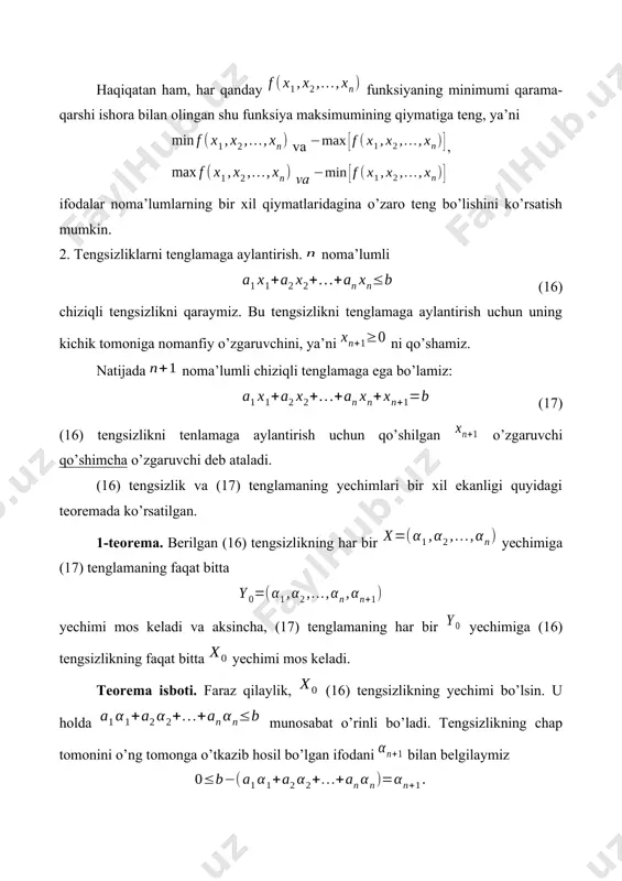 variq to’plam bo’ladi. isboti. chiziqli dasturlash masalasining ixtiyoriy ikkita mumkin bo’lgan rejasining qavariq kombinatsiyasi ham reja ekanligini ko’rsatamiz. faraz qilaylik, va berilgan chiziqli dasturlash masalasining mumkin bo’lgan rejalari bo’lsin. u holda (29) va (30) munosabatlar o’rinli bo’ladi. endi va rejalarning qavariq kombinatsiyasini tuzamiz. hamda uni reja ekanligini ko’rsatamiz: endi (29) va (30) tenglamalarni inobatga olib topamiz: bu munosabat vektor ham reja ekanligini ko’rsatadi. 3-teorema. chiziqli dasturlash masalasining maqsad funksiyasi uzining optimal qiymatiga shu masalaning rejalaridan tashkil topgan qavariq to’plamning burchak nuqtasida erishadi. agar chiziqli funksiya qavariq to’plamning birdan ortiq burchak nuqtasida optimal qiymatga erishsa, u shu nuqtalarning qavariq kombinatsiyasidan iborat bo’lgan ixtiyoriy nuqtada ham o’zining optimal qiymatiga erishadi. isboti. deylik, nuqta chiziqli funksiyaga ekstremum qiymat beruvchi nuqta bo’lsin. agar nuqta burchak nuqta bo’lsa, u holda teorema o’z-o’zidan isbot qilingan bo’ladi. faraz qilaylik, nuqta qavariq to’plamning ichki nuqtasi, , nuqtalar esa uning burchak nuqtalari bo’lsin (1.1-shakl): nuqta chiziqli funksiyaga minimum qiymat …