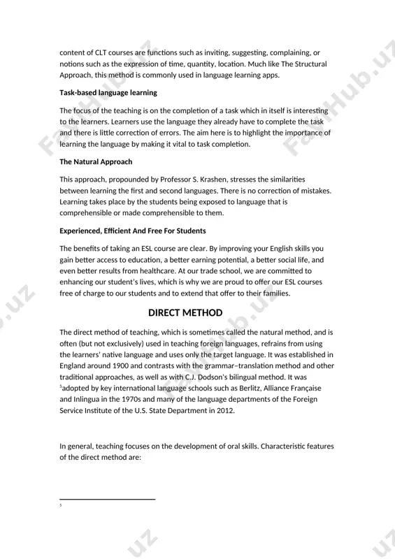 rammar by using an inductive approach (i.e. having learners find out rules through the presentation of adequate linguistic forms in the target language) the centrality of spoken language (including a native-like pronunciation) focus on question–answer patterns the direct method in teaching a language is directly establishing an immediate and audiovisual association between experience and expression, words and phrases, idioms and meanings, rules and performances through the teachers' body and mental skills, without any help of the learners' mother tongue. direct method of teaching languages aims to build a direct way into the world of the target language making a relation between experience and language, word and idea, thought and expression rule and performance. this method intends for students to learn how to communicate in the target language this method is based on the assumption that the learner should experience the new language in the same way as he/she experienced his/her …