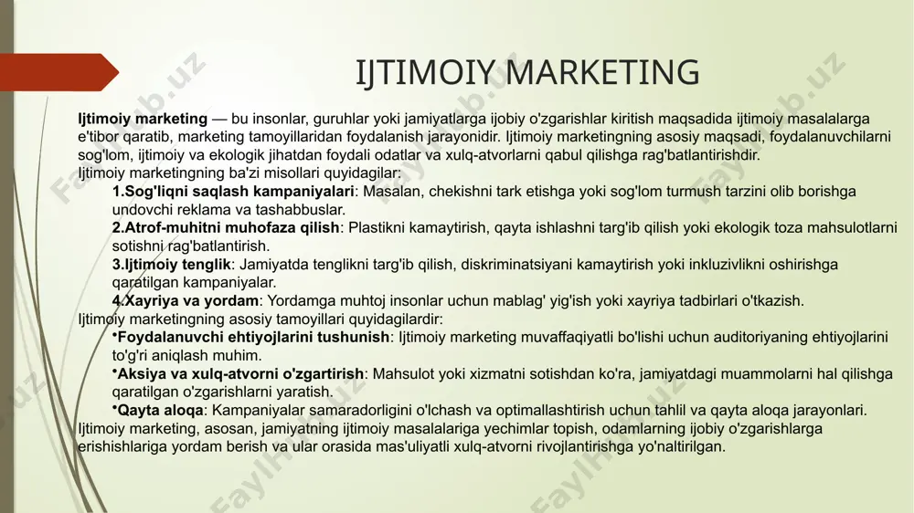 h imkoniyatini qo'lga kiritadi. marketing global brendlar yaratish va ularni turli madaniyat va mintaqalarga moslashtirishda muhim rol o'ynaydi. 7. innovatsiyalar va mahsulotni takomillashtirish marketing orqali kompaniyalar yangi mahsulotlarni yaratish, mavjud mahsulotlarni takomillashtirish va bozorga chiqarish jarayonini samarali boshqarishi mumkin. marketing tahlillari yordamida kompaniyalar bozor talablarini aniqlaydi va ularni o'z mahsulotlari bilan qondirishga harakat qiladi. bu, o'z navbatida, kompaniyaning rivojlanishi va muvaffaqiyatiga olib keladi. 8. ijtimoiy mas'uliyat va barqarorlik bugungi kunda kompaniyalar ijtimoiy mas'uliyat va barqaror rivojlanish masalalariga e'tibor qaratishmoqda. marketing ushbu masalalarni mijozlarga etkazishda muhim rol o'ynaydi. kompaniyalar o'zlarining ekologik va ijtimoiy mas'uliyatlarini ko'rsatish orqali mijozlar bilan mustahkam aloqalar o'rnatishi mumkin. xulosa bugungi kunda marketing kompaniyalar uchun hayotiy ahamiyatga ega. ularning muvaffaqiyati marketing strategiyalarining samaradorligiga bog'liq. marketingning rivojlanishi va yangi texnologiyalar bilan uyg'unlashishi kompaniyalarga bozorda o'z o'rnini mustahkamlash, raqobatbardoshligini oshirish va uzoq muddatli muvaffaqiyatga erishish imkonini beradi. raqamli marketingning asosiy yo`nalishlari raqamli marketing (digital marketing) — bu onlayn platformalar, internet …