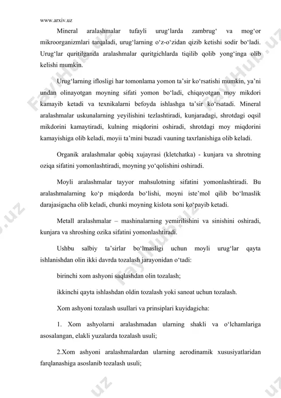 turli kо‘rinishdagi elakli sirtlardan foydalniladi. elakli sirtlar tekis aylanma shaklda, kо‘p qirrali barabanli shaklda bо‘lishi mumkin. qaysi tur ishlatilishidan qat’iy nazar bir elakli sirtdan ikkita fraksiya, ya’ni elak ustidan tushuvchi fraksiya va elak orasidan о‘tuvchi fraksiya (proxod) hosil bо‘ladi. mahsulot elak ustidan о‘tuvchi fraksiya elak ostidan о‘tuvchi fraksiya elakli sirtlarda bir yoki bir necha bor mahsulot tozalanishdan qat’iy nazar asosiy mahsulot о‘rtacha о‘lchamga teng bо‘lgan aralashmalar mahsulot tarkibida qolaveradi. bu qoldiq aralashma tozalangan xom ashyoning qoldiq iflosligini deb ataladi. shu tufayli xom ashyoni tozalashda faqatgina elakli sirtlar ishlatilmay bir vaqtning о‘zida yoki ketma-ket aerodinamik separatorlar va elektromagnit separatorlar ham ishlatiladi. xom ashyoni elakli sirtlar yordamida unumli tozalash uchun xom ashyo tarkibidagi komponentlarning о‘rtacha uzunliklarini yoki о‘rtacha diametrini bilish lozim. laboratoriya doirasidan yoki maxsus spravochniklarda mahsulotning va uning ichidagi aralashmalarni о‘lchamlari о‘zgarishini kо‘rsatuvchi variasion egri chiziqlar grafigi bо‘ladi. bu grafiklarga qarab, mahsulotni aralashmadan tо‘liq ajratish uchun kerak bо‘lgan elak diametrlari aniqlanadi. …
