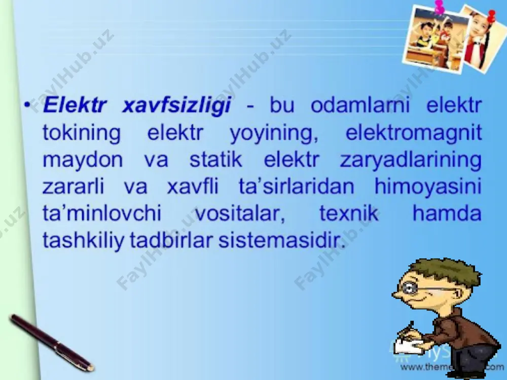 or-yo’qligini aniqlamaydi. odam faqat elektr kuchlanish ostida qolgandan keyin himoyalovchi reaksiyasi kechikib ishga tushadi. insonni elektr tokidan jarohatlanishi sabablari quyidagicha: - izolyasiya qilinmagan tok o’tkazuvchi qismlarga tasodifan tegib ketishi; - izolyasiyasi lat yegan sababi metal qismlarga tokni o’tib ketishi; - kuchlanish ostida qolgan metalmas buyumlardan, qadamli kuchlanishdan va elektr yoyi orqali. inson tanasidan o’tayotgan tok: termik, elektrolitik, biologik ta’sirini va mehanik jarohatlanish olishi mumkin. termik ta’siri - teri to’qimasining hujayrasini qizishidan kuydirishigacha olib kelishi mumkin. elektrolitik ta’siri - organizmning suyuqliklari parchalanishi natijasida qonning va hujayralarning kimyoviy va fizik hususiyatlari o’zgarilishi kuzatiladi. biologik ta’siri - tanani bioenergetik jarayonini buzilishi, ya’ni tirik hujayralarni to’lqinlanishi va mushaklarni keskin qisqarishiga olib keladigan holat. elektr tok bilan shikastlanishni ikki turini ko’rsatish mumkin: elektr jarohat va elektr zarb. elektr jarohatlanishi - insonni tanasini ayrim joylarini shikastlanishi, elektr kuyishi, elektr belgilari va terini metallanishini ko’rinishlariga ega. inson tanasidan tok o’tishi natijasida tanani qizishi - elektr kuyish deb …