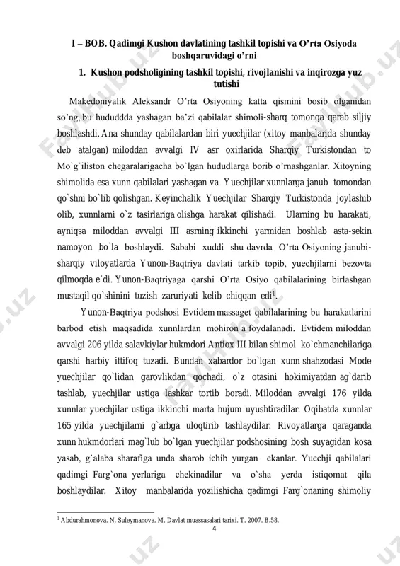 `lgan xunn shahzodasi mode yuechjilar qo`lidan garovlikdan qochadi, o`z otasini hokimiyatdan ag`darib tashlab, yuechjilar ustiga lashkar tortib boradi. miloddan avvalgi 176 yilda xunnlar yuechjilar ustiga ikkinchi marta hujum uyushtiradilar. oqibatda xunnlar 165 yilda yuechjilarni g`arbga uloqtirib tashlaydilar. rivoyatlarga qaraganda xunn hukmdorlari mag`lub bo`lgan yuechjilar podshosining bosh suyagidan kosa yasab, g`alaba sharafiga unda sharob ichib yurgan еkanlar. yuechji qabilalari qadimgi farg`ona yerlariga chеkinadilar va o`sha yerda istiqomat qila boshlaydilar. xitoy manbalarida yozilishicha qadimgi farg`onaning shimoliy 1 abdurahmonova. n, suleymanova. m. davlat muassasalari tarixi. t. 2007. b.58. 5 tumanlarida yuechjilar qishloq va shaharlar barpo qiladilar. bu davrda yagona bir podsho bo`lmagan, balki qabila va urug` yabg`ulari qabila oqsoqollari qo`l ostida birlashganlar. kushon podsholigi - o’zbek davlatchiligi tizimidagi qadimgi davlat (mil. 1—3-a.lar). mil. i asrning 1-yarmida yuyechjilar tasarrufidagi kushon mulkining yuksalishi natijasida vujudga kelgan. massagetlar (xitoy yilnomalarida —yuyechji) mil.av. 140 yili sirdaryo ortidan baqtriyaga kelib, saklarni yenggan va yunon-baqtriya podsholigi o’rnida bir asr …