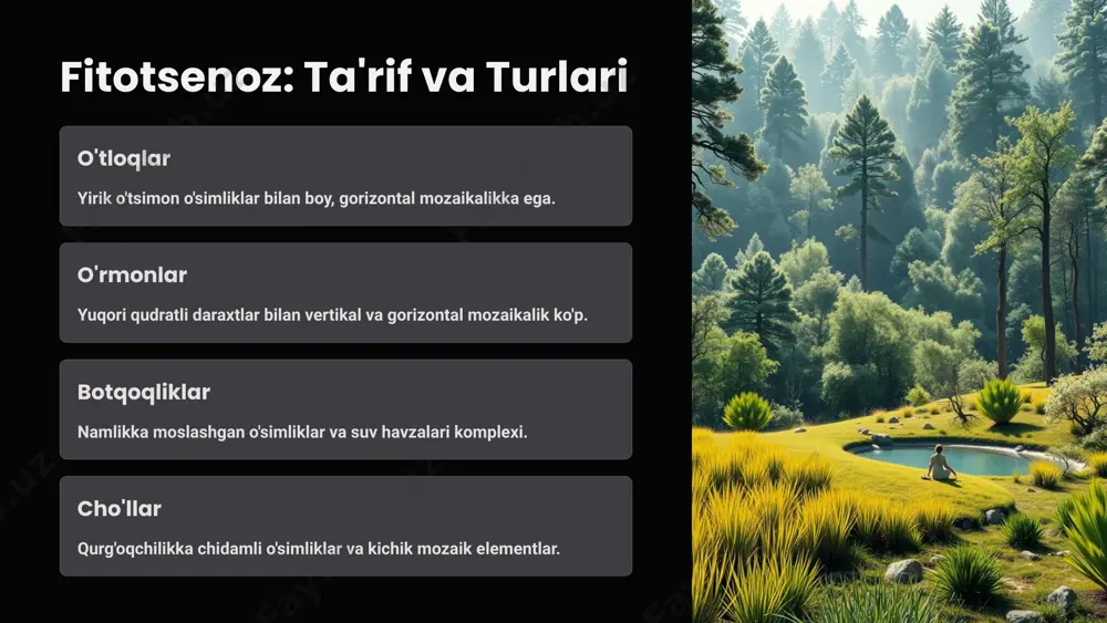 zaikalik xaritalarini yaratish. 3 indikatsiya o'simliklar orqali ekologik sharoitlarni aniqlash. 4 statistik usullar mozaikalik parametrlarini hisoblash va tahlil qilish. xulosa: mozaikalikni saqlash qimmatli resurs fitotsenoz mozaikaligi tabiatning muhim qismidir. saqlash va tiklash ekologik muammolarni kamaytirishda muhim o'rin tutadi. kelajak avlod barqaror ekotizimni ta'minlash uchun zarurdir. image1.png image2.png image3.png image4.png image5.png image6.png image7.png image8.png image9.png image10.png image11.png image12.png image13.png image14.png