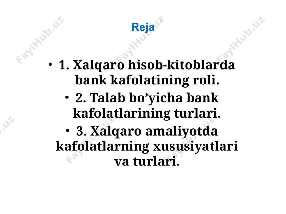 htirokchilari tomonidan majburiyatlarning bajarilishini ta’minlash uchun qo’llaniladi. talab qilish kafolatlari banklar tomonidan bitim taraflaridan birining (prinsipialning) talabiga binoan va boshqa tomon (benefitsiar) foydasiga kafillik to’lovi bo’yicha beriladi. bunday holda, “talab bo’yicha” iborasi bunday kafolat bo’yicha to’lov kafil bank tomonidan benefitsiarning kafolat shartlariga muvofiq tuzilgan va shartnomaga bog’liq bo’lmagan birinchi talabiga binoan amalga oshirilishi kerakligini anglatadi. bunday yondashuv bank kafolatining mustaqilligi tamoyili deb ataladi. kafolat moliyaviy va huquqiy risklarni tenglashtirish orqali xalqaro iqtisodiy munosabatlarga kiruvchi tomonlarning manfaatlarini “muvozanatlash” imkonini beradi. ushbu moliyaviy ta’minot vositasining o’ziga xos xususiyati boshqa ishtirokchi - kafil bankni jalb qilishdir, agar uni bitimga taklif qilgan tomon (prinsipial) asosiy shartnoma bo’yicha o’z majburiyatlarini mustaqil ravishda bajarmasa, majburiyatlarni kerakli darajada bajarishni o’z zimmasiga oladi. kafolat beriladigan asosiy bitim hisoblangan tashqi savdo va xalqaro kredit shartnomalarining xilma-xilligiga qaramasdan, shu kabi kafolatli bitimlar soni cheklangan. bu fakt butun dunyo bo’ylab kredit tashkilotlari tomonidan har yili beriladigan sezilarli miqdordagi kafolatlar bilan birgalikda …