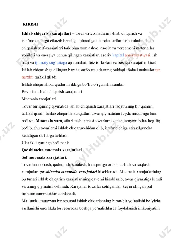 . unga xom ashyo, material, yonilgʻi-transport xizmati, ishchilar ish haqi va shu kabilarga qilinadigan sarflar kiradi. ishlab chiqarishning har bir darajasida doimiy va oʻzgaruvchan xarajatlar yigʻindisi umumiy yoki yalpi xarajatlar (ts)ni tashkil qiladi. xarajatlar klassifikatsiyasi: – korxonalarni yalpi xarajatlari (ih) doimiy (dx) va oʻzgaruvchan (ox) xarajatlar dan iborat boʻladi. – doimiy xarajatlar – bu ijara toʻlovi, qorovullik xizmati toʻlovi, boshqaruvchi va muxandislar maoshi va shu kabilardan iborat boʻladi va ishlab chiqarish xajmiga bogʻliq boʻlmaydi. – oʻzgaruvchan xarajatlar – doimiyga kirmagan boshqa hamma xarajatlar, yaʼni xom ashyo, materiallar, yoqilgʻi, elektr energiya, ish haqi va shunga oʻxshashlardan iboratdir. korxona faoliyatini tashkil etish va oqilona boshqarish mahsulot birligiga qilingan xarajatlar (oʻih) bilish muhimdir. oʻrtacha xarajatlar, umumiy xarajatlar miqdorini korxona ishlab chiqargan mahsulot hajmiga boʻlish orqali hisoblanadi. xuddi shu yoʻsinda oʻrtacha doimiy (oʻdx) va oʻrtacha oʻzgaruvchan (oʻoʻx) xarajatlar farqlanadi. korxona faoliyatining asosiy maqsadi foyda olish uning miqdorini muttasil oshirib borishdan iboratdir, ushbu xol esa …