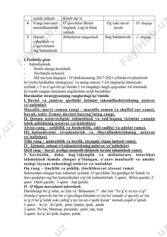sh. savol- javob. 10 daqiqa 3 yangi mavzu ustida ishlash qq tovushi va qq harfi. kitob she’ri ko’rgazmalilik. 20 daqiqa 4 yangi mavzuni mustahkamlash o’quvchilar fikrini tinglash. lug’at bilan ishlash og’zaki savol-javob 10 daqiqa 5 darsni yakunlash va o’quvchilarni rag’batlantirish bilimlarini taqqoslash rag’batlantirish. 2 daqiqa i.tashkiliy qism. - salomlashish. · sinfni darsga hozirlash. · navbatchi axboroti. · ma’naviyat daqiqasi . o’zbekistonning 2017-2021 yillarda rivojlantirish bo’yicha harakatlar strategiyasi va uning ramziy 5 xil ranglarini ahamiyati aytiladi. ( 5 ta o’quvchi qo’llarida 5 xil rangdagi rangli qogozdan a4 formatda ko’rsatib ranglar nimalarni anglatishini aytib beradilar). harakatlar strategiyasining ranglardagi ko’rinishi. i. davlat va jamiyat qurilishi tizimini takomillashtirishning ustuvor yo’nalishlari musaffo, moviy osmon rangi – musaffo osmon va shaffof suv ramzi, buyuk amir temur davlati bayrog’ining rangi. ii. qonun ustuvorligini tahminlash va sud-huquq tizimini yanada isloh qilishning ustuvor yo’nalishlari alvon rang – sofdillik va boshchilik, odil sudlov va adolat ramzi. iii. iqtisodiyotni rivojlantirish va …