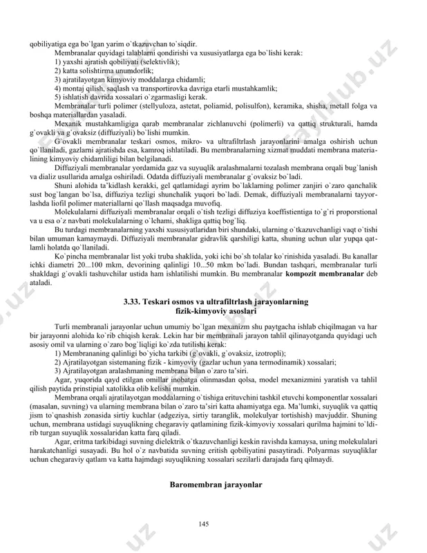 modda bir yoki bir necha komponent bilan to`yinadi yoki shu komponentlar miqdoriga moddada kamayadi. qator hollarda jarayon shunchalik to`liq o`tadiki, moddada deyarli dispers faza qolmaydi, chunki ular membranada ushlanib qoladi. membranali jarayonlar asosiy harakatlantiruvchi kuch turiga qarab klassifikastiyalanadi. odatda ushbu jarayonlarning harakatlantiruvchi kuchi bo`lib kimyoviy yoki elektrokimyoviy potenstial gradienti hisoblanadi. lekin texnik hisoblarda, ushbu jarayonlarning tezligini xarakterlaydigan bosim, temperatura va h. gradienti qabul qilinishi mumkin. shunday qilib, membranali jarayonning harakatga keltiruvchi kuchi sifatida bosimlar gradienti - baromembranali jarayonlar (teskari osmos, nano-, ultra- va mikrofiltrlash), konstentrastiyalar gradienti - diffuzion - membranali jarayonlar (dializ, membrana orqali bug`lanish, membrana yordamida gazlarni ajratish va hokazo), elektr potenstial gradienti - elektromembranali jarayonlar (elektrodializ, elektroosmos va hokazo), temperatura gradienti - termomembranali jarayonlar (membranali distillyastiya va hokazo) bo`lishi mumkin. membrana orqali o`tgan modda permeat deb nomlanadi, membranada qolgan aralashma esa - retant (yoki konstentrat) deb ataladi. membrana yordamida ajratish jarayonining selektivligi (%) quyidagicha aniqlanadi: (3.69) bu erda …