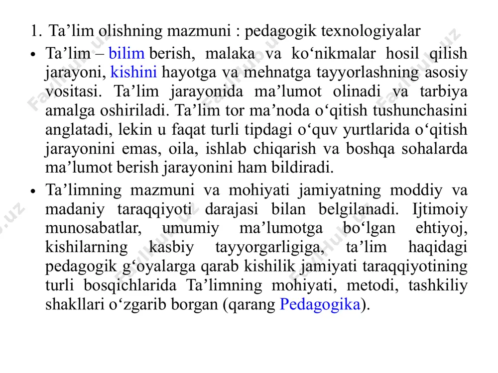 siyosiy, falsafiy, axloqiy, huquqiy qarashlarni shakllantirish maqsadi sari qaratilganligini taʼkidlaydi. taʼlimning maqsadi obyektiv hayot talablariga muvofiq holda oʻzgarib borgani kabi, taʼlimning xarakteri, yoʻnalishi ham uning maqsadiga muvofiq oʻzgarib boradi. taʼlim dialektik tarzda taraqqiy etib boradigan ichki ziddiyatlar jarayonidir. taʼlim bilish qobiliyatlari, his-tuygʻular, idrok, shaxsni tarkib toptiruvchi kuchli omildir. taʼlim jamiyat qurilishining muhim muammolarini hal qilish – jamiyatning moddiy-texnika bazasini yaratish, ijtimoiy munosabatlarni tarkib toptirish, yangi kishini tarbiyalashga yordam beradi. taʼlim oʻquvchining bilish qobiliyatini oʻstiruvchi asosiy omildir. oʻquvchilar qobiliyatini oʻstirishga qaratilgan tizimlar muayyan didaktik qoidalar tarzida namoyon boʻladi. didaktik tamoyillarda taʼlimning mazmuni va jarayonlariga qoʻyilgan talablar belgilanadi (qarang didaktika). taʼlimning maqsadi va vazifalari ijtimoiy tuzum, shuningdek, muayyan oʻquv yurtlari funksiyasiga muvofiq tarixan oʻzgarib boradi. oʻzbekiston respublikasining 1997-yil 29-avgustda qabul qilingan „taʼlim toʻgʻrisida“gi qonuni va kadrlar tayyorlash milliy dasturi taʼlim tizimining barcha yoʻnalishlarini takomillashtirish va rivojlantirish uchun keng imkoniyatlar ochib berdi. 1996-yildan boshlab lotin imlosiga asoslangan yangi oʻzbek alifbosi joriy etildi va …