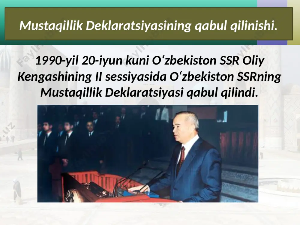 ul qildi. o‘zbekiston respublikasining davlat bayrog‘i 1992-yil 2-iyulda o‘zbekiston respublikasi oliy kengashining x sessiyasida “o‘zbekiston respublikasining davlat gerbi to‘g‘risida”gi qonun qabul qilindi. o‘zbekiston respublikasining davlat gerbi o‘zbekiston respublikasi oliy kengashining 1992-yil 10-dekabrida bo‘lib o‘tgan xi sessiyasida “o‘zbekiston respublikasining davlat madhiyasi to‘g‘risida”gi qonun qabul qilindi. abdulla oripov sessiyada shoir abdulla oripov (1941–2016) va bastakor mutal burhonov (1916–2002) tomonidan tayyorlangan madhiya varianti tasdiqlandi. mutal burhonov savol va topshiriqlar: 1. mustaqillikni tezlashtirgan omillar nimalarda namoyon bo‘ldi? 2. daftaringizga 1991-yil avgust oyida sodir bo‘lgan va o‘zbekiston mustaqilligiga olib kelgan 3 ta muhim voqeani yozing va izohlang. 3. o‘zbekiston respublikasi konstitutsiyasining yaratilish jarayoni qancha muddat davom etdi. olgan bilimlaringizga tayanib, uning yaratilishini bosqichlarga bo‘lib davrlashtiring. 4. “mustaqillik deklaratsiyasi” va “o‘zbekiston respublikasining mustaqillik asoslari to‘g‘risida”gi qonunni topib, ikkita jadvalda bir xil mazmunli me’yorlar va farqli tomonlarni yozing. image2.jpg image3.jpeg image4.jpeg image5.jpg image6.jpeg image7.jpeg image8.emf image9.jpeg image10.jpeg image11.jpeg image12.png image13.jpeg image14.jpeg image15.jpeg image16.emf image1.jpg /docprops/thumbnail.jpeg