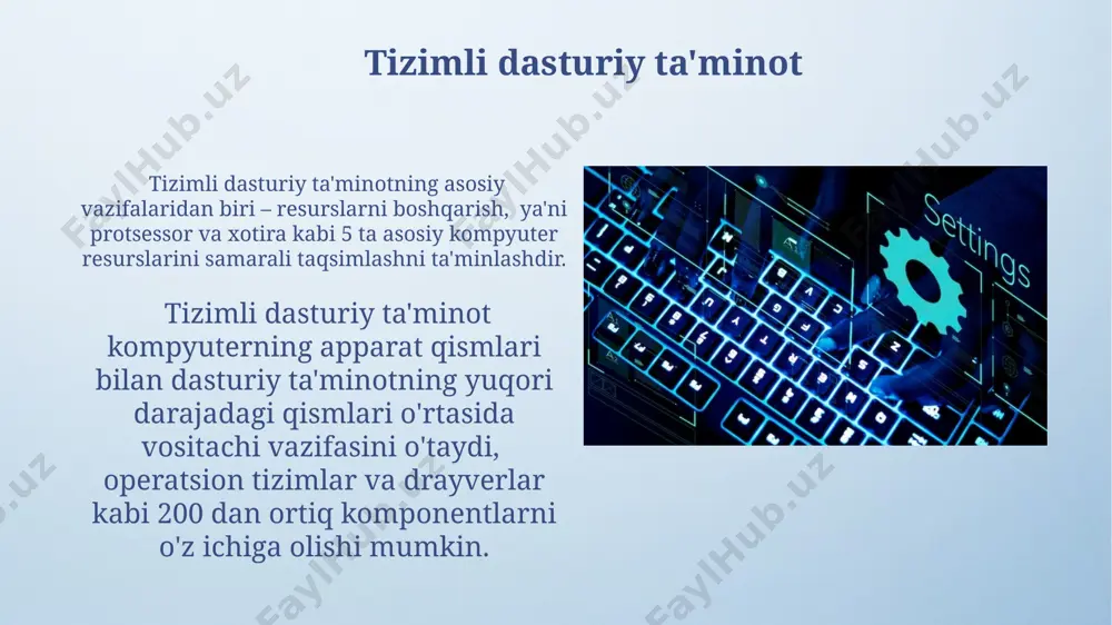 anishi bilan bog'liq bo'lib, bu esa 2030 yilga borib, dasturlashning an'anaviy usullarini deyarli butunlay o'zgartirishi mumkin. dasturiy ta'minot tushunchasi dasturiy ta'minot – bu kompyuterning apparat qismlarini boshqarish va ma'lum vazifalarni bajarish uchun mo'ljallangan dasturlar, ko'rsatmalar va ma'lumotlar to'plami bo'lib, taxminan 10 6 satrdan ortiq kod satrlarini o'z ichiga olishi mumkin. dasturiy ta'minotning sifati va ishlash samaradorligi, uning murakkabligi, kodlash texnikasi va xato tuzatish jarayonlari bilan bevosita bog'liq bo'lib, millionlab foydalanuvchilar tomonidan ishlatilishi mumkin. kiberxavfsizlik va dasturiy ta'minot киберхавфсизликка оид 2023 йилги ҳисоботларда 50% дан ортиқ киберҳужумлар эскирган ёки нотўғри конфигуратсияланган дастурий таъминот туфайли содир бўлиши аниқланган. замонавий дастурий таъминотлардаги заиф томонларни автоматик равишда аниқлайдиган 100 дан ортиқ сканерлаш воситалари мавжуд бўлиб, улар киберхавфсизликни кучайтиришда муҳим роль ўйнайди. operatsion tizimlar operatsion tizimlarning yadrosi (kernel) kompyuterning apparat va dasturiy ta'minotlari o'rtasida vositachi vazifasini o'taydi va 32-bit yoki 64-bit arxitekturaga ega bo'lishi mumkin. linux kabi ochiq kodli operatsion tizimlar, minglab dasturchilar tomonidan rivojlantirilgan …