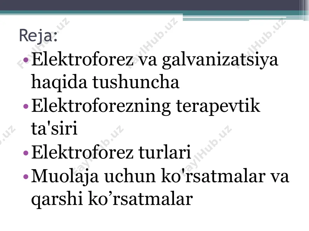 pardalariga taʼsir qilmaydi. • 3.dori moddalari teri ostida “depo” hosil qilib, taʼsir kuchini uzaytiradi. • 4.patologik oʼchogʼlarda dori moddalarining koʼp miqdorda yigʼilishi mahalliy taʼsirni kuchaytiradi. • 5.dori moddalari organizmga ion holida yoki shaklida kiradi, bu esa uning farmakologik aktivligini oshiradi. • 6.bir vaqtning oʼzida organizmga har xil qutblardan ikki xil dori moddasining suyuqliklari yuborilishi mumkin. • 7.dori moddalari bilan zaharlanishda organizmdan dori moddalarini chiqarishda keng foydalanish mumkin. • elektroforezning ajralmas qismi katod va anod turli zaryadlangan elektrodlar bo'lib, ular elektr maydonini hosil qiladi. ulardan biri bemor tanasining muammoli joyiga joylashtiriladi, ikkinchisi qurilmaga biriktirilgan sxema bo'yicha tananing boshqa qismigao'rnatiladi. • elektroforezdan kutilayotgan ta'sirga qarab, muammoli joyga anod yoki katod qo'yiladi: • “katod "-teridagi qon oqimini yaxshilaydigan, terini yumshatuvchi va asab tugunlarini rag'batlantiradigan ishqoriy eritmalarni o'tkazadi. ko'pincha katod yog'li va etuk teri uchun kosmetik maqsadlarda ishlatiladi. • sekretor (biologik faol moddalar ishlab chiqariladi va umumiy qon oqimiga chiqariladi) • bo’shashtiruvchi(odatda mushaklar uchun) …