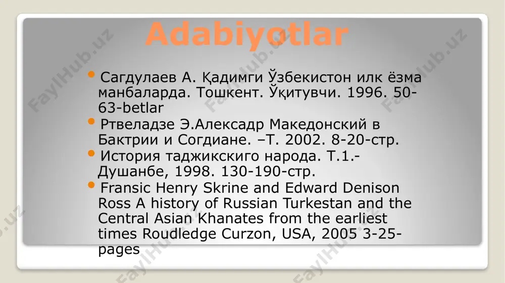 essning niyatini anglab etmay, u bilan birga bo‘lishdi. ammo uni, ittifoqchilari bilan shohlar kabi munosabatda bo‘lishga intilayotganini sezgan spitamen, oksiart va fors datafarnlar u bilan aloqani uzishdi. uni kishanlab iskandarga topshirish niyatida ekanliklarini bildirish uchun uning qarorgohiga chopar yubordi. kishanlangan bessni qal’ada qoldirib, o‘zlari esa mamlakat ichki hududlariga chekinishdi. spitamen va uning ittifoqchilari bessni iskandarga topshirish bilan dushman istilolarini to‘xtatmoqchi bo‘lishdi. chunki iskandar eronga yurish boshlaganda, u o‘z dushmani doro iii ni o‘ldirgan bessdan o‘ch olish niyatida ekanligi e’lon qilgan edi. ptolemey orqasidan katta qo‘shin bilan aleksandrning o‘zi yurdi. uning yo‘lida branxidlar shahri chiqdi. branxidlar avlodlari milet (kichik osiyo) shaxriga yaqin appalon didimkiy ibodatxonasining ruhoniylari bo‘lgan. ular kserks davrida (mil. avv.486-465 yy.) o‘rta osiyoga ko‘chirilgan edi. branxidlar eron bosqini davrida ibodatxonaning xazinasini axamoniylarga topshirgan edilar. yunonlarning qasosidan qo‘rqib o‘rta osiyoga kelgan edilar. ular mil.avv. v asrda o‘rta osiyoga kelgan birinchi yunonlar bo‘lishgan. kvint kursiy ruf asarida aleksandr makedonskiy amudaryodan kechib …