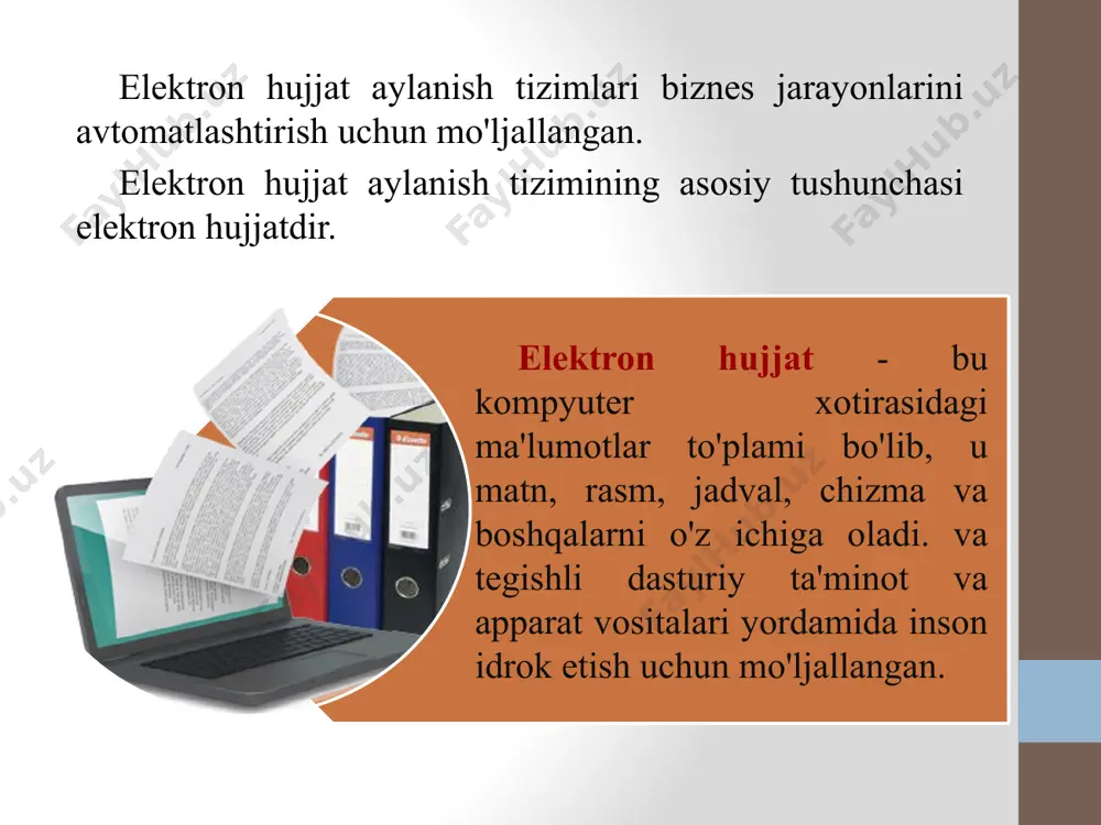 irlash operatsiyalari (o'chirish, kiritish, ko'chirish) quyidagi hollarda amalga oshiriladi: belgilar. strings. fragmentlar. fragmanni tanlagandan so'ng, uni nusxalash yoki ko'chirish operatsiyasi quyidagi usullar bilan amalga oshirilishi mumkin: sichqonchaning chap tugmasi yordamida (tortib tashlang); sichqonchaning o'ng tugmasi yordamida (tortib tashlang); tahrirlash menyusining buyruqlari yordamida; kontekst menyusi buyruqlaridan foydalanish; asboblar panelidagi piktogrammalardan foydalanish (kesish, nusxalash, joylashtirish); klaviaturadan (tugmalar to'plami). fragment matnning uzluksiz qismidir. fragmanni o'chirish, nusxalash, ko'chirish uchun uni tanlashingiz kerak. sichqoncha yoki klaviatura yordamida fragmentni tanlashingiz mumkin. matnli hujjatni formatlash hujjatni formatlash uning ko'rinishini o'zgartiradi. word hujjat formatini besh xil darajada taqdim etadi: 1. belgilar darajasida (shrift, uslub, shrift hajmi va rangini o'zgartirish va hokazo); 2. abzats darajasida (tekislash; chekinishlar; abzasdan oldin va keyin chekinishlar; qatorlar oralig'i, sahifalarni boshqarish va boshqalar); 3. sahifa darajasida (parametrlar va sahifa orientatsiyasi, ramka, sarlavha va altbilgilar va boshqalar); 4. bo'limlar darajasida (bo'limlarni shakllantirish, matnni ustunlarga bo'lish va boshqalar); 5. hujjat darajasida (sahifa raqamlari, mundarija va boshqalar). …