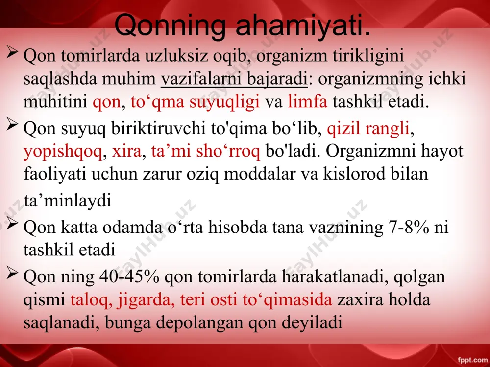 bo‘ladi. qon aylanishi qon aylanish orqali yurak va qon tomirlar faoliyati ta’minlanib turadi. qon aylanish organlari yurak tomirlar аrteriya vena кapilyar yurak konus shaklida muskulli organdir. u uch qavatdan tashqi - seroz, epikard - o‘rta muskul - miokard va ichki yassi epiteliy - endokarddan tuzilgan. epikard yurak xaltasiga tutashib ketgan yurak tuzilishi o’ng bo’lmacha o’ng qorincha chap bo’lmacha chap qorincha muskulli to’siq yurak klapanlari tavaqali klapanlar yarim oysimon klapnlar arteriya vena muskul qavat кapillyar tomir. кapilyar bir qavat epiteliy dan iorat qon aylanish doiralari. katta kichik yurakka adashgan nervlar orqali uzunchoq miyadan markazga intiluvchi impulslar keladi. orqa miyaning ko‘krak segmeptidan chiqqan simpatik tugunlardan 2 ta simpatik nerv adashgan nerv bilan birga yurak muskullariga tarmoqlanadi. e’tiboringiz uchun katta rahmat ! toshkent shahridagi yodju texnika institutu kimyo va biologiya kafedrasi “yosh fiziologiyasi va gigiyenasi” fani маърузачи phd dosent abdullayev asilbek e-mail: a.abdullayev@ytit.uz 21 image2.jpeg image3.png image4.jpeg image5.png image6.png image7.png image8.png image9.jpeg image10.png …