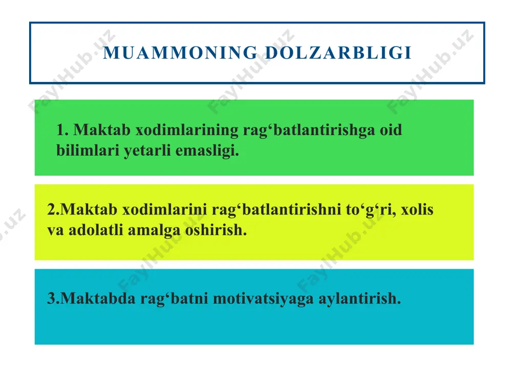un maxsus nishonlar joriy qilingan va ularni taqib yurishadi. o‘qituvchilarda umrbod bandlik hissi bor, ularni ishdan bo‘shatish jinoyatga tenglashtirilgan. shu bois bor e’tiborini ishga qaratadi. kuchli ijtimoiy himoya, yuqori rag‘batlantirish tizimi mavjud. xorijiy tajribaning o‘rganilgahligi rossiya federatsiyasi o'qituvchilarni qo'llab-quvvatlash va rag'batlantirish fondi": bu fond davlat tomonidan taqdim etilgan rag‘batlantirish uchun maxsus mukofot fond. bu fondlardan pedagoglarning innovatsion loyihalari, yuqori natijalari va boshqa yutuqlari uchun mablag‘ ajratiladi. federal va mintaqaviy darajada o‘tkaziladigan tanlovlar va grant dasturlari orqali pedagoglar qo‘shimcha mablag‘ va resurslar olishlari mumkin finlyandiya: finlyandiyada kuchli ijtimoiy himoya o‘qituvchilarning maoshi sinfdagi o‘quvchilar soniga yoki ular qaysi maktabda ishlashiga bog‘liq emas. bundan tashqari, finlyandiyada o'qituvchilar bir qator qo'shimcha imtiyozlarga ega, masalan: yuqori maoshlar va katta imtiyozlar finlyandiyada o'qituvchilik kasbini juda jozibali qiladi. qiyosiy tahlil № amaldagi holat (o‘zbekistonda) amaldagi holat (xorijda) taklif 1 rag‘batlantirishda jamoatchilikni faolligi yetarlicha emasligi. yaponiya: o‘qituvchi bepul tibbiy sug‘urtalanadi. o‘qituvchilar uchun maxsus imtiyozli do‘konlar mavjud. o‘qituvchilar uchun …