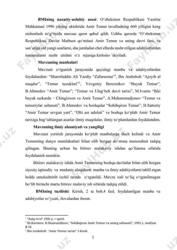 hi lozim edi. shu sababli g’iyosiddin alining ko’pincha asosiy ishga aloqasi bo’lmagan va bayon mavzuini xiralashtiradigan, tushinish qiyin bo’lgan dabdabali va jimjimador tasvirlari amir temurga unchalik yoqmadi[footnoteref:7]. [7: “temur tuzuklari” t. g‘afur g‘ulom nashriyoti, 1991 y. b-25] ammo shunday bo’lsa ham, g’iyosiddin ali yazdiyning risolasi unda aniq ma’lumotlar bayon etilgani jihatidan qimmatli manba hisoblanadi. a.temur va temuriylar davrida yozilgan tarixiy asarlar orasida nizomiddinshomiy va sharofiddin ali yazdiyning “ zafarnoma” asarlari, o’ziga xosligi va qimmatli dalillarga boyligi bilan , shubxasiz, birinchi o’rinda turadi. nizomiddin shomiy(taxminan 1409-yilda vafot etgan) o’z asrini 1402-1404-yillar orasida amir temurning topshirig’i bilan yozgan. asarda amir temurning hokimiyat tepasiga kelishida (1370) to uning g’arbiy eron, iroq, suriya, kichik osiyo va turkistonga qilgan 7 yillik yurishi (1399-1404) voqealari bayon etilgan. asarning oddiy til va sodda uslubda yozilganligi undan foydalanishni yengillashtiradi. nizomiddin shomiyning “zafarnoma” si bizgacha ikki tahrirda yetib kelgan. 1-tahriri 1404-yil iyun oyida a.temurning erondagi movoraunnahrga qaytish paytida unga …