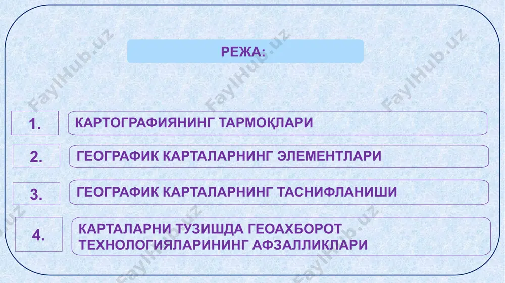 ириш iv боб. инновацион метод ва технологияларни қўллаган ҳолда минтақавий демографик жараёнлар карталарини ишлаб чиқиш ва прогнозлаштириш............................................................................ §4.1. гат дастурларида электрон рақамли карталарни тузиш ва демографик жараёнларни визуаллаштириш ............................................... §4.2. демографик жараёнларни прогнозлаштириш карталарини тузишда инновацион ёндашув....................................................................................... §4.3. жанубий минтақанинг демографик жараёнларини прогнозлашда картографик методлардан фойдаланиш бўйича таклиф ва тавсиялар ишлаб чиқиш.................................................................................................... хулоса.......................................................................................................... адабиётлар................................................................................................ иловалар..................................................................................................... режа: картографиянинг тармоқлари 1. географик карталарнинг элементлари 2. географик карталарнинг таснифланиши 3. карталарни тузишда геоахборот технологияларининг афзалликлари 4. кириш (фалсафа доктори phd диссертацияси аннотацияси)................ i боб. геоахборот технологиялари ва картографик методлар асосида демографик жараёнларни тадқиқ қилишда назарий ва услубий ёндашув........ §1.1. ўзбекистонда демографик жараёнларнинг ўрганилиши ва уларнинг ривожланиши.................................................................................. §1.2. геоахборот технологиялар ёрдамида демографик жараёнларни карталаштиришнинг назарий асослари..................................................... §1.3. картографик методлар асосида демографик жараёнларни тадқиқ қилиш............................................................................................................. ii боб. картографик мет