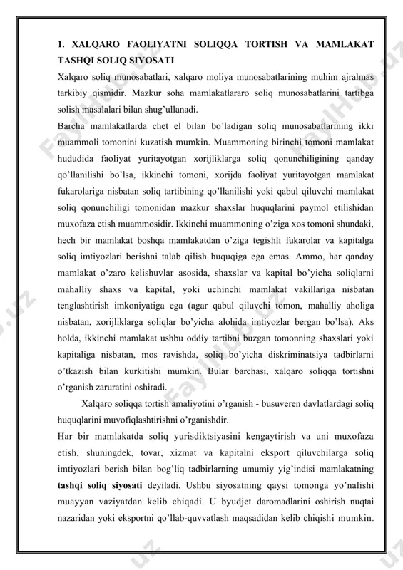 nat taqsimotida ishtirok etish shartlarining yomonlashuvidan kuriladigan zararlardan tashqari), faqatgina, yig’ib olinmagan soliq tushumlari yoki tashqi faoliyatdan valyuta tushumlarining pasayishi bo’yicha yirik summalarda qurilishi mumkin bo’lgan zararlarni keltirish mumkin. aksariyat mamlakatlar qonunlarida xorijiy shaxslar va kompaniyalarni soliqqa tortishning faqatgina umumiy tomonlari belgilab beriladi. va ular keyinchalik hukumat ko’rsatmalarida, sud qarorlarida, ma'lum milliy odatlarda va boshqalarda aniqlashtiriladi. har bir mamlakat uchun xalqaro soliq munosabatlarini tartibga solinishida quyidagilar asosiy vositalar hisoblanadi: · bir yoqlama chora-tadbirlar yoki milliy soliq siyosatining chora-tadbirlari bo’lib, boshqa mamlakatlar hukumatlari bilan hech qanaqa kelishuvlarsiz amalga oshiriladi (mamlakatda faoliyat yuritayotgan xorijliklar va mamlakatning xorijda faoliyat yuritayotgan fukaro va korxonalariga nisbatan soliq tartibining belgilanishi); · shartnomaviy chora-tadbirlar, ikkinchi tomon bilan yoki ikki tomonlama, yoki ko’p tomonlama asosda (xalqaro kelishuv), yoki «soliqlarning garmonlashuvi» deb nomlanadigan kelishuvlar doirasida (ya'ni, ikki yoki undan ortiq shartlashayotgan mamlakatlarning milliy soliq siyosatlarini o’zaro muvofiqlashtirish asosida)gi chora-tadbirlar. hozirgi kunda, amalda yuzdan ortiq soliq kelishuvlari mavjud. bundan tashqari, …