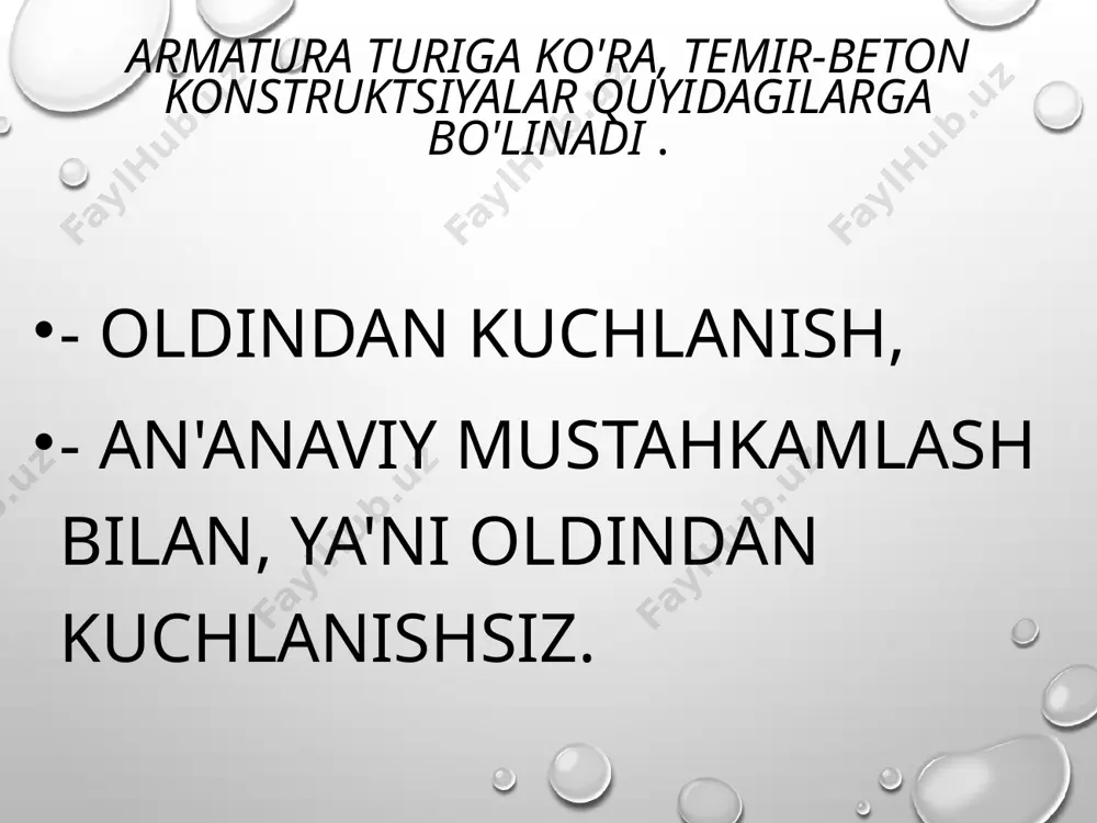 'y-harakatlarni qayta taqsimlash mavjud; qisqarish va siljish bir vaqtning o'zida harakat qiladi va yuk ostida strukturaning ishlashiga birgalikda ta'sir qiladi; armatura va betonning stress gevşemesi ; yukni olib tashlash vaqtida betonning teskari (elastik) deformatsiyalari betonda dastlabki kuchlanish kuchlanishlarini keltirib chiqaradi, bu esa betonning kuchlanish kuchidan oshib ketishi mumkin. e’tiboringiz uchun raxmat image3.png image4.png image5.png image6.png image7.png image8.png image9.png image10.png image1.png /docprops/thumbnail.jpeg