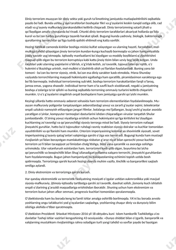 portugaliyadagi salazar rejimi o‘nglar rejimi hisoblanadi. diniy asoslarda vujudga kelgan ekstremistik guruh va oqimlar g‘arbda ham, sharqda ham mavjud. o‘rta osiyo mamlakatlarida, jumladan, o‘zbekistonda "hizb ut-tahrir", «akromiya», «nurchilar» singari diniy ekstremistik oqimlar vakillari qonunga zid holda faoliyat olib borishga urinmoqda. diniy ekstremizm (ekstremizm – “o‘ta” degani) – xavfsizligimizga tahdid soluvchi tashqi omillardan biri bo‘lib, u barcha diniy tashkilotlarda faqat o‘zi sig‘inadigan dinni to‘g‘ri deb, boshqa har qanday dunyoqarashning to‘g‘riligini inkor etuvchi (keskin choralar va harakatlar tarafdorlari bo‘lgan), o‘ta fanatik (mutaassib) dindor yoki dindorlarning faoliyati tushuniladi. diniy fundamentalizm (lotincha – “asos” degani) – barcha dinlarda o‘z ilohiy yozuvlarini ishonch uchun asos sifatida “so‘zsiz” qabul qilib, ushbu dinlar paydo bo‘la boshlagan dastlabki fundamental g‘oyalarga qaytish, me'yorlar va tamoyillarga asoslangan davlat barpo qilish, diniy aqidalarni har qanday yo‘llar bilan joriy qilishga urinishdir. islom fundamentalizmi – qur'on va hadislarga so‘zma-so‘z talqin etuvchi, ilk islomga qaytishga qaratilgan aqidalarni targ‘ib qiluvchi diniy-konservativ ruhdagi oqim. islom fundamentalizmi …